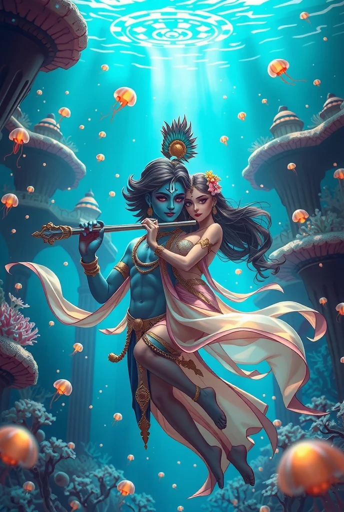 "Krishna and Radha are depicted in an otherworldly, dreamlike underwater realm, where bioluminescent coral structures and glowing marine life create a surreal and magical setting. Krishna, with radiant blue skin, floats serenely in the water, surrounded by shimmering schools of translucent fish. His iconic peacock feather flows like a luminous, ethereal fin integrated into a delicate golden circlet on his head. He holds a crystal flute that refracts light in rainbow patterns, its soft melody seeming to ripple through the water. His attire is a flowing ensemble of translucent aquamarine and gold fabrics that shimmer like liquid, blending seamlessly with the aquatic surroundings.

Radha, glowing with a soft golden-white aura, swims gracefully beside him, her flowing hair adorned with radiant sea flowers that emit a gentle glow. She wears a form-fitting gown in iridescent shades of deep pink and cerulean, designed to mimic the patterns of coral and sea anemones, with fluid, trailing accents that move like ocean currents. Her white tilak sparkles faintly, emphasizing her divine essence.

The environment is a mesmerizing fusion of myth and fantasy—a vast underwater palace built into coral cliffs, with arches and domes carved from gleaming pearl and illuminated by streams of sunlight piercing through the water’s surface. Jellyfish lanterns drift in the background, casting a soft, dreamlike glow over the scene. The atmosphere is serene and otherworldly, a perfect reflection of their eternal and transcendent bond."