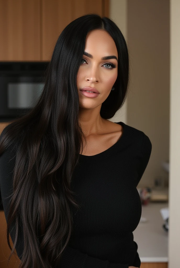 Beautiful gorgeous woman who looks like Megan Fox, has dark matte makeup, small round nose, full lips, long eyelashes, long nails, long straight black hair, figure, woman, light makeup, sweater, kitchen, full body view, long hair , silhouette, photos, Black hair, Long hair,