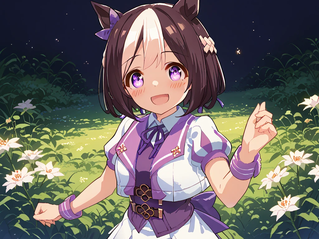 best quality, absurdres, masterpiece, 1人の女の子
special week \(Uma Musume\), 
ear bow, purple bow, puffy short sleeves, neck ribbon, blue ribbon, cropped jacket, white jacket, two-tone jacket, collared shirt, white shirt, purple vest, wristband, wrist cuffs, white skirt, pleated skirt, two-tone skirt, frilled skirt, frills,   zettai ryouiki, white thighhighs, white footwear, purple footwear, asymmetrical footwear, mismatched footwear, Durable sneakers, glad, smiling, embarrassed, standing, looking at viewer, in the field of flowers, surrounded by stars and stardust, at midnight, cute, beautiful, upper body, from front, moonlight, adult, 30-year-old, にっこり笑う, beautiful breasts