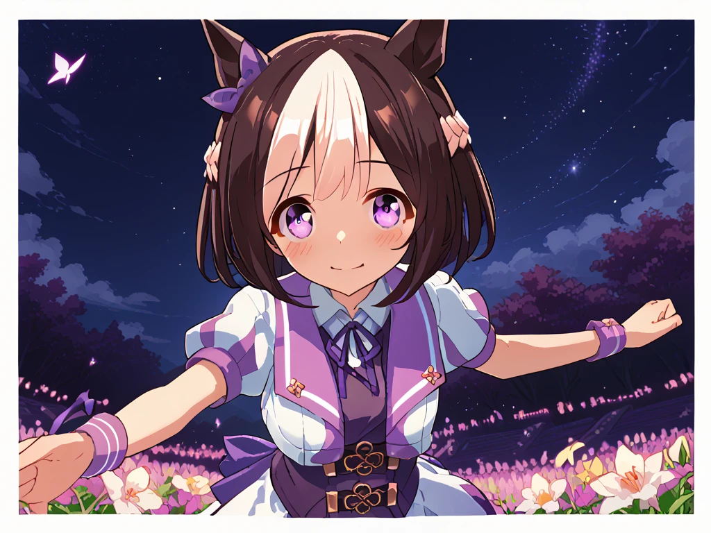 best quality, absurdres, masterpiece, 1人の女の子
special week \(Uma Musume\), 
ear bow, purple bow, puffy short sleeves, neck ribbon, blue ribbon, cropped jacket, white jacket, two-tone jacket, collared shirt, white shirt, purple vest, wristband, wrist cuffs, white skirt, pleated skirt, two-tone skirt, frilled skirt, frills,   zettai ryouiki, white thighhighs, white footwear, purple footwear, asymmetrical footwear, mismatched footwear, Durable sneakers, glad, smiling, embarrassed, standing, looking at viewer, in the field of flowers, surrounded by stars and stardust, at midnight, cute, beautiful, upper body, from front, moonlight, adult, 30-year-old, にっこり笑う, beautiful breasts