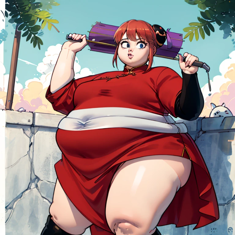 Kagura(obese figure:1.5),(big fat body), masterpiece, best quality, highres, kgr1, red dress, double bun, bun cover, china dress, chinese clothes, knee boots, short sleeves, big fat figure, small breasts, cowboy shot, hand on hip, closed umbrella, holding umbrella, outdoors,(clothes that fit your big, fat body size).