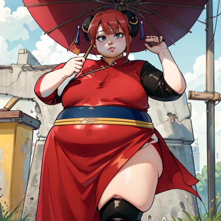 Kagura(obese figure:1.5),(big fat body), masterpiece, best quality, highres, kgr1, red dress, double bun, bun cover, china dress, chinese clothes, knee boots, short sleeves, big fat figure, small breasts, cowboy shot, hand on hip, closed umbrella, holding umbrella, outdoors,(clothes that fit your big, fat body size).