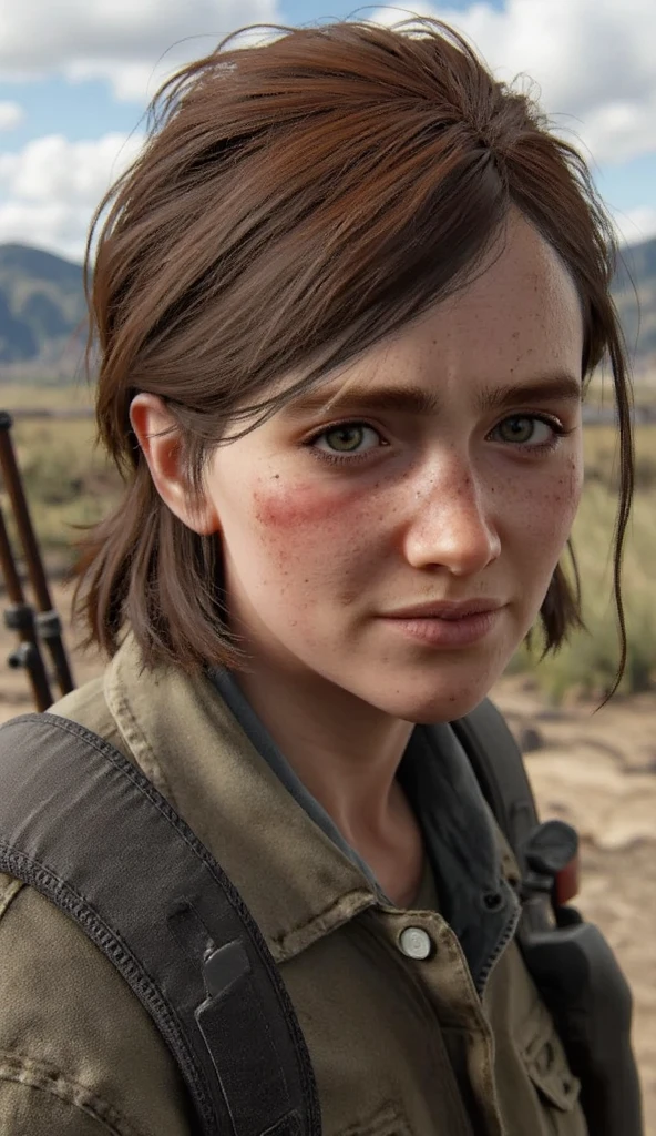 The Last of Us: Part III Ellie epilogue' Short Hair Supremacy in The Last of Us 3 Hairstyle, 
Santa Barbara Ellie epilogue in The Last of Us: Part 3
I was responsible for Ellie epilogue's Santa Barbara hair, body and outfit. hair style, freckles, brown gray eyes, A close-up of a woman with freckles on her face, Brown hair, 
(Vintage Pendleton Wool Shirt Size 15 Checks Buttoned Long Sleeve Brown DICKIES,on a wasteland,) 
Ankle boots, M14 1945 Rifles & Bow Arrow,