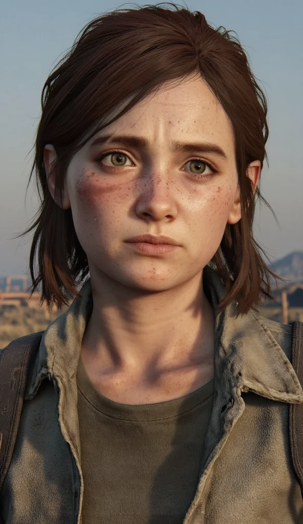 The Last of Us: Part III Ellie epilogue' Short Hair Supremacy in The Last of Us 3 Hairstyle, 
Santa Barbara Ellie epilogue in The Last of Us: Part 3
I was responsible for Ellie epilogue's Santa Barbara hair, body and outfit. hair style, freckles, brown gray eyes, A close-up of a woman with freckles on her face, Brown hair, 
(Vintage Pendleton Wool Shirt Size 15 Checks Buttoned Long Sleeve Brown DICKIES,on a wasteland,) 
Ankle boots, M14 1945 Rifles & Bow Arrow,