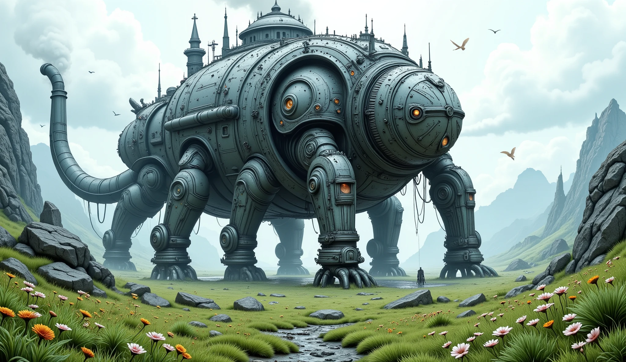 Wide view, futuristic, Sci-fi cinematic scene. Green grassland and flowers field natural background. the giant Armored Steampunk palace, stone mix metallic Gothic style Palace  complex stand on the walking joined-leg platform. Gear andMachine elements, metal smoking chimery. Golden runes and cybernectic line decorate, Grimmdark, mechanical. (Ultra-realistic, 32k, Masterpiece, High Quality, Detailed Realistic Background, Official Art, Realistic Lighting, filmfotos, film grain, reversal film photography).