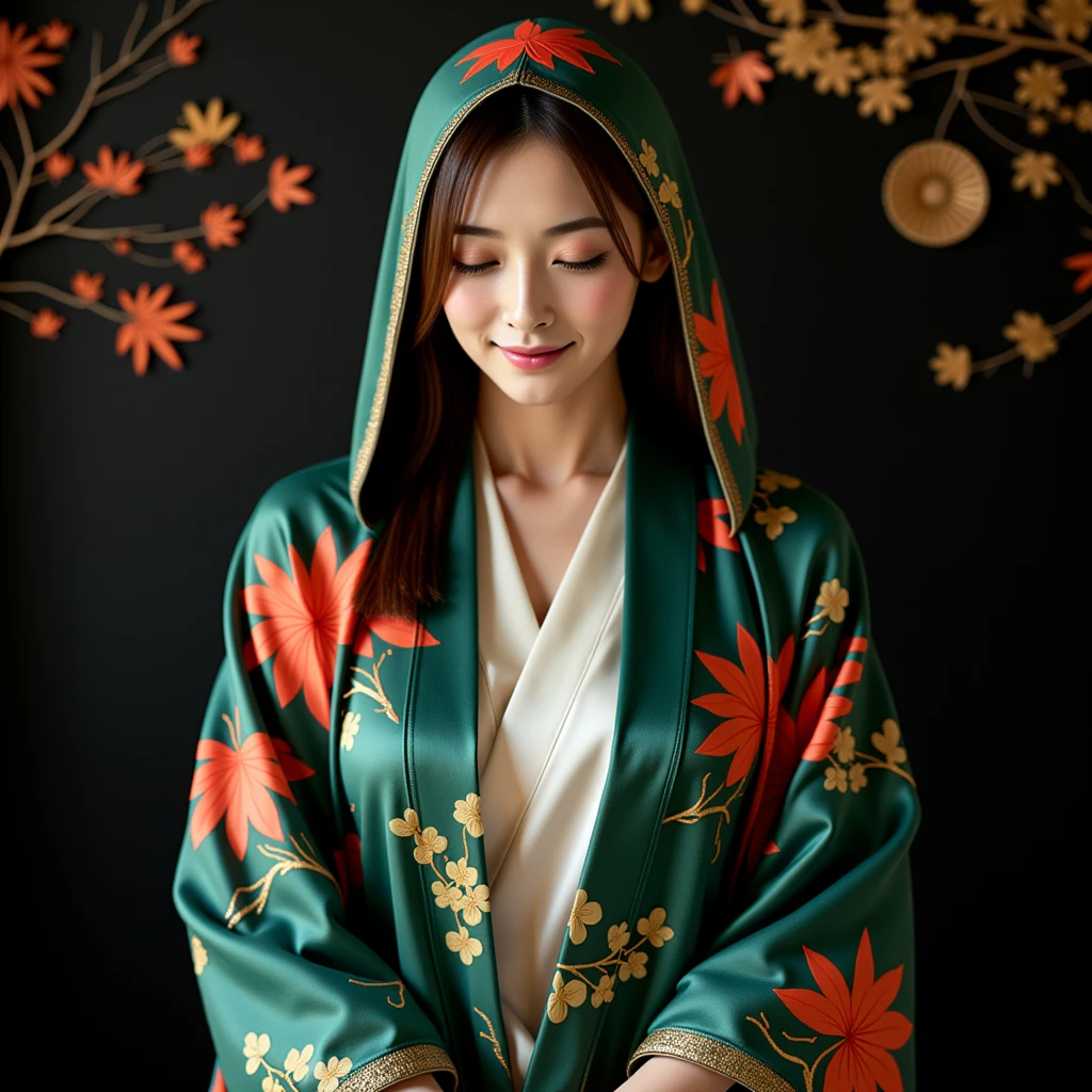 A stunning portrait of an Asian woman wearing a deep green silk robe adorned with vibrant Japanese maple leaves and golden accents. The maple leaves, painted in rich red, orange, and gold, cascade gracefully across the robe's surface, symbolizing the beauty of autumn. The robe's hood is pulled deeply over her head, completely covering her forehead and casting soft shadows over her face, while draping elegantly over her shoulders. Beneath the robe, a traditional white kimono peeks through at the neckline and sleeves, its surface delicately adorned with white plum blossoms and branches that flow naturally downwards.She is looking downward with a content expression, her head slightly bowed, adding a sense of mystery and calm. 

The subtle sheen of gold highlights the intricate details of both the maple leaves and floral patterns, enhancing the luxurious quality of the garment. The deep green silk contrasts beautifully with the vivid red and gold patterns, exuding elegance and timeless tradition.

The background is a gorgeous, black serene wall featuring subtle and glorious artistic Japanese-inspired patterns and soft light effects, enhancing the graceful and tranquil atmosphere. The woman gazes downward with a content expression, her head slightly bowed, evoking a sense of mystery and calm.