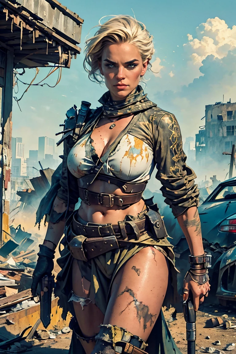 Masterpiece, Best Quality: 1.2) Masterpiece: Smooth textures, Proportional anatomy, Royal body parts, Beautiful details, Sharp details (Masterpiece, Best Quality: 1.2), Beautiful woman (Miss Universe level) (Pose movement, dynamic action) Beautiful woman in yellow tactical uniform, torn shirt, dirty and dusty big breasts, walking through the crumbling streets of a crumbling city, After a disaster, Smoke and fog in the air, Gray-yellow sky bursting with toxic clouds, Collapsing buildings, Collapsing streets, Tall body, Detailed face, Detailed eyes, Cold face, Dirty (Post-apocalyptic theme) In the style of a leading portraitist, Steampunk watercolor painting mixed with splashes of paint, Car mechanic, Sexy, Sexy, Attractive, Charming, Big breasts, Abandoned garage background