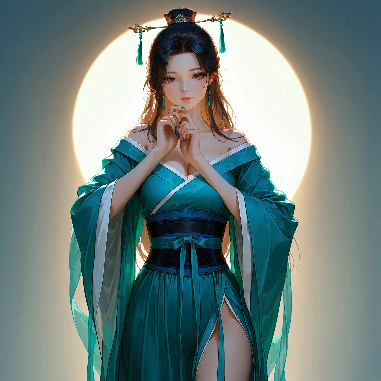 hanfu, long hair, guofeng, chinese clothes, 1girl, solo, 
realistic, nail polish, standing, from viewer,  cowboy shot, 
masterpiece, best quality, realistic, 8k, official art, cinematic light, ultra high res, perfect female body, sharp focus, 
HDR, 8k, amazing quality, very aesthetic, absurdres, newest, (volumetric lighting), photorealistic, photo background, detailed skin, detailed eyes, detailed hair, fantasy,