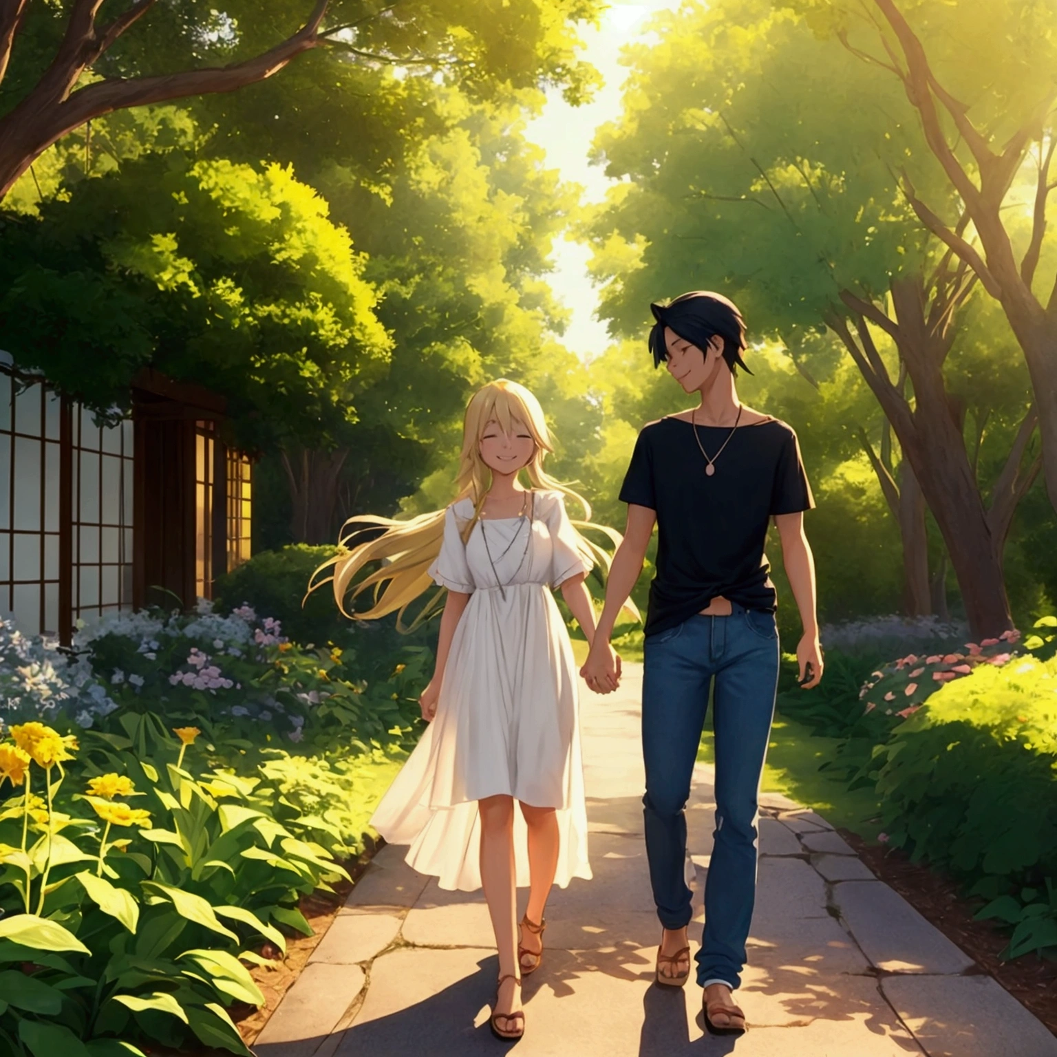 An anime-style couple walking together in a sunlit garden, holding hands. The girl has long, flowing hair and a gentle smile, wearing a casual dress, while the boy has short hair, wearing a light shirt and jeans. Sunlight filters through the trees, creating a soft, peaceful glow around them.