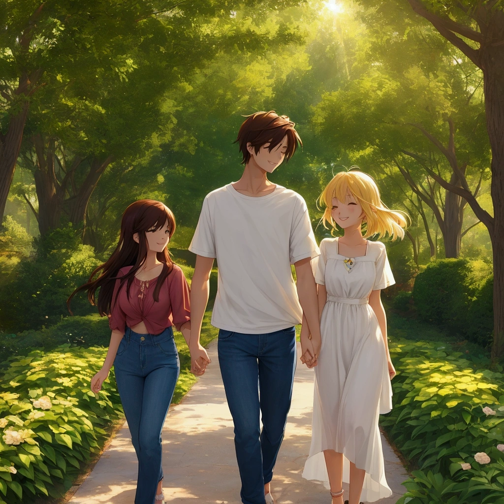 An anime-style couple walking together in a sunlit garden, holding hands. The girl has long, flowing hair and a gentle smile, wearing a casual dress, while the boy has short hair, wearing a light shirt and jeans. Sunlight filters through the trees, creating a soft, peaceful glow around them.