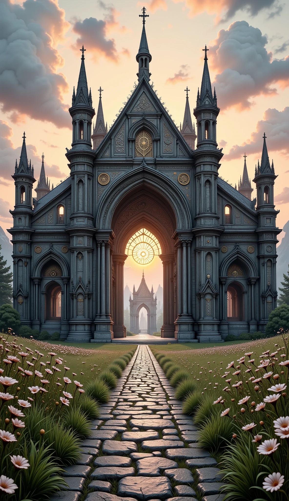 Wide view, Realistic cinematic scene. Green grassland flowers field natural background. Sunrise painting the orange mix pink hue lighting. The Roman Empire Gothic architeture palace complex up on the hill, the ornate Gate, and wall, golden decorated, detail dome and tower. Golden Ancient runes and cybernectic line decorate, Grimmdark. (Ultra-realistic, 32k, Masterpiece, High Quality, Detailed Realistic Background, Official Art, Realistic Lighting, filmfotos, film grain, reversal film photography).