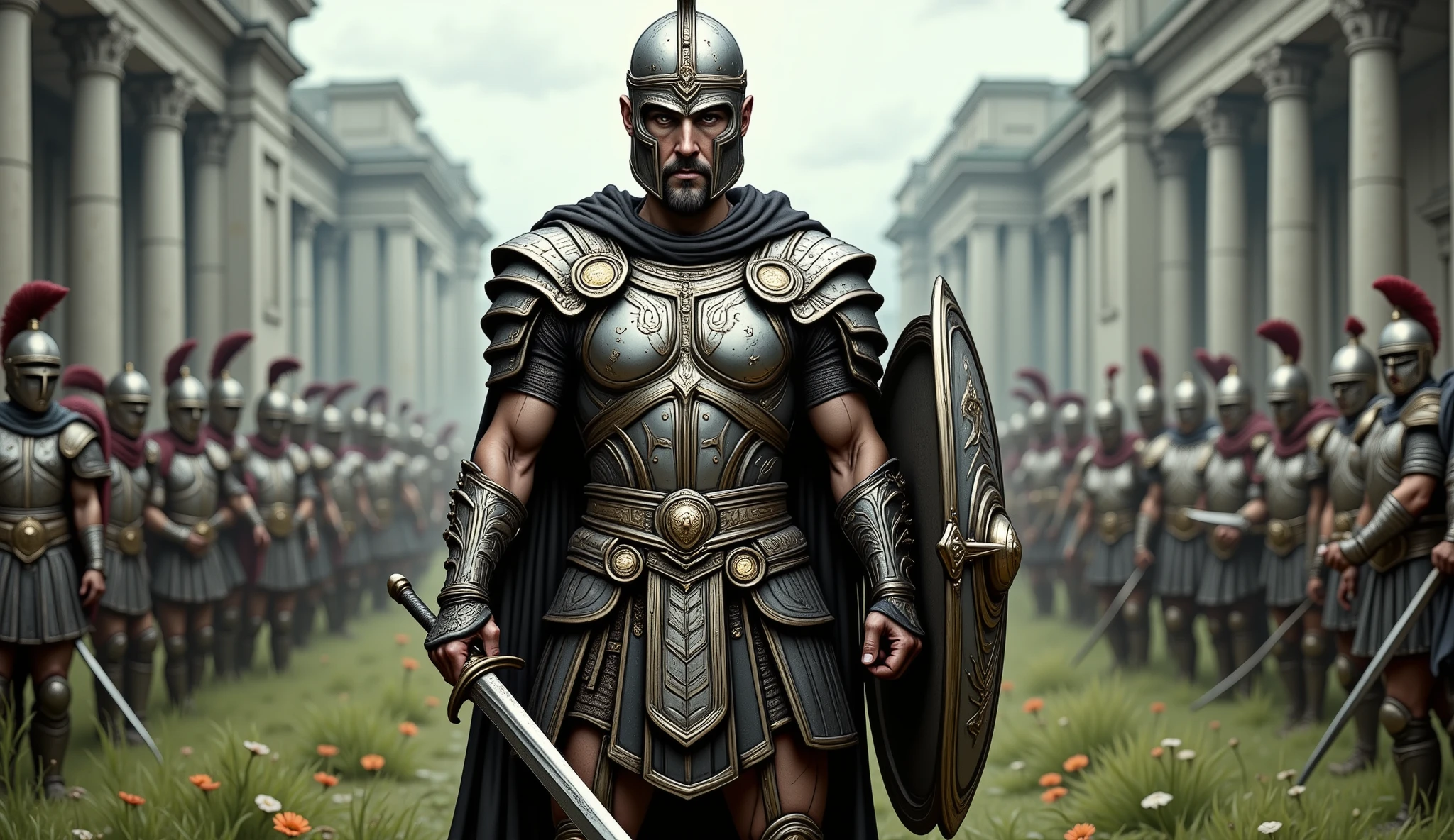 Wide view, Realistic cinematic scene. Ancient 
 Rome culture, Green grassland flowers field natural background. The Roman Empire General in action, in center of the chaotic battlefield, holding sword and shied, wearing intricate Rome detail armor. Golden Ancient runes and cybernectic line decorate, Grimmdark. (Ultra-realistic, 32k, Masterpiece, High Quality, Detailed Realistic Background, Official Art, Realistic Lighting, filmfotos, film grain, reversal film photography).