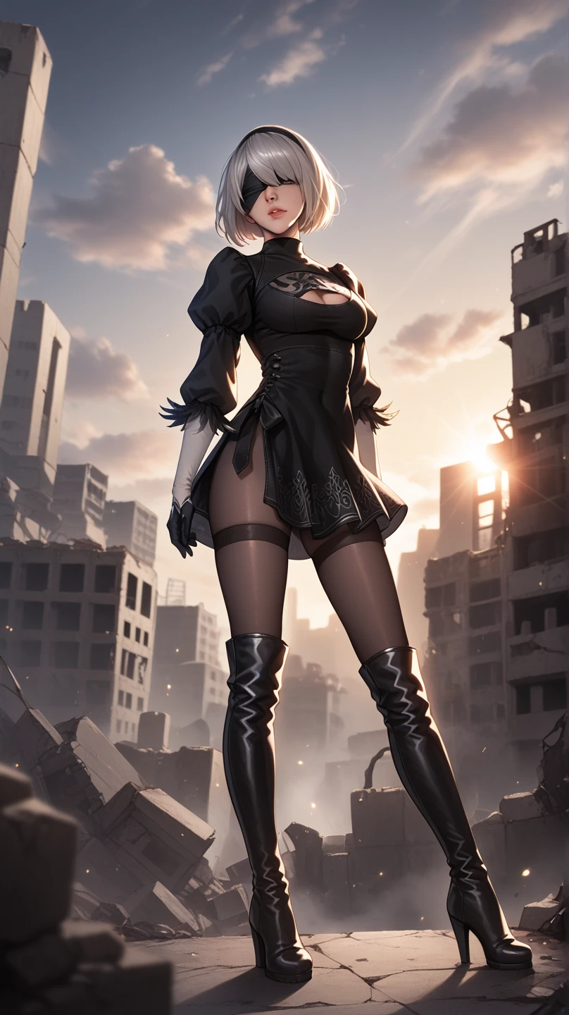  masterpiece ,  highest quality, 
 realistic photo , sacimaer detail,  vibrant colors,  light-dark lighting ,  cinematographic lighting ,
1 woman,  inspired by Nier Automata 2B ,
bob cut, Gray hair, fringe, stain under the mouth , blindfold,
Collant 2B, neckline cutout, skirt,  high tights under boots,
ruins, Um mundo em ruins, devastated cities,  dark cloudy sky ,
seductive pose,  dramatic angle,