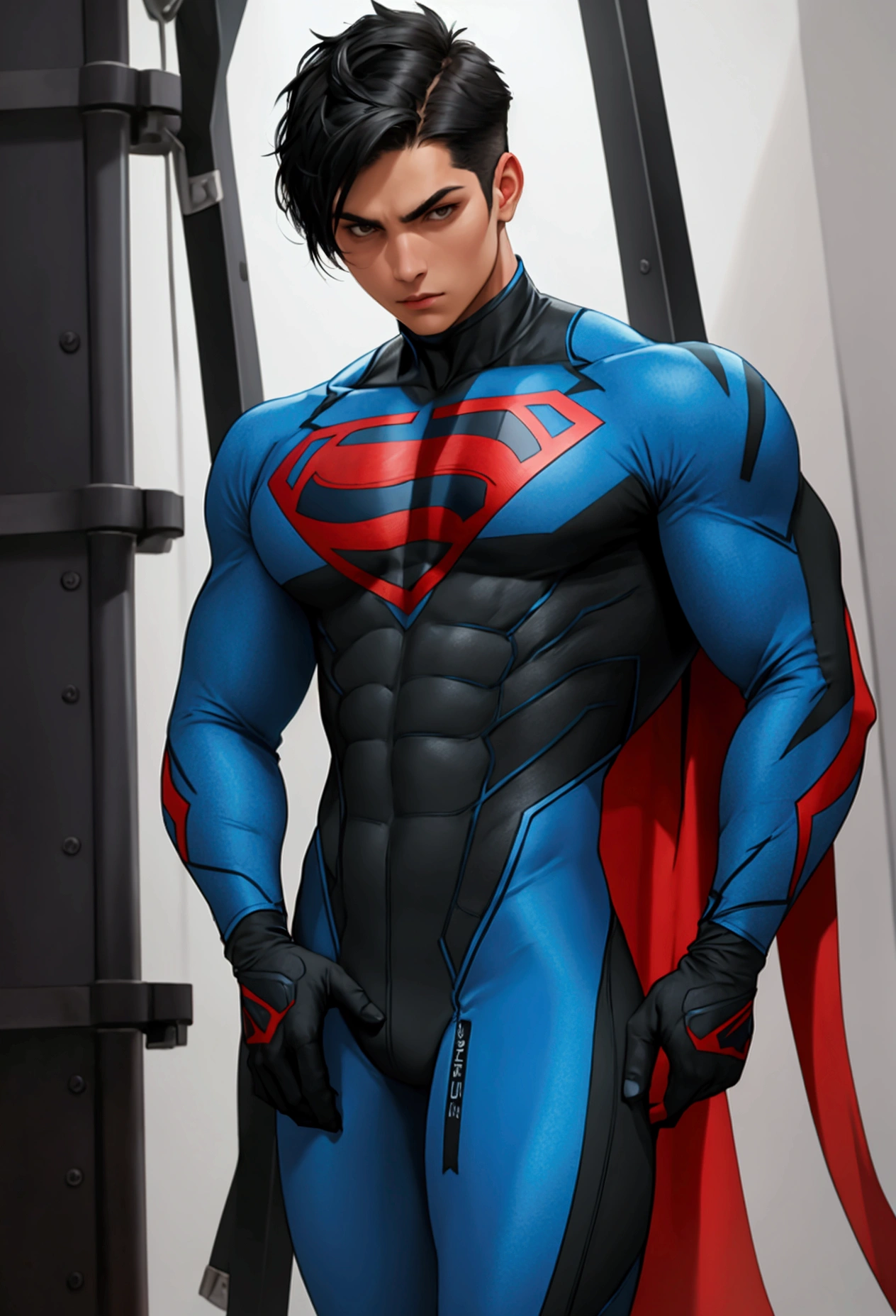 Athletic young guy, short black hair, skintight blue superhero suit, red skintight leggings