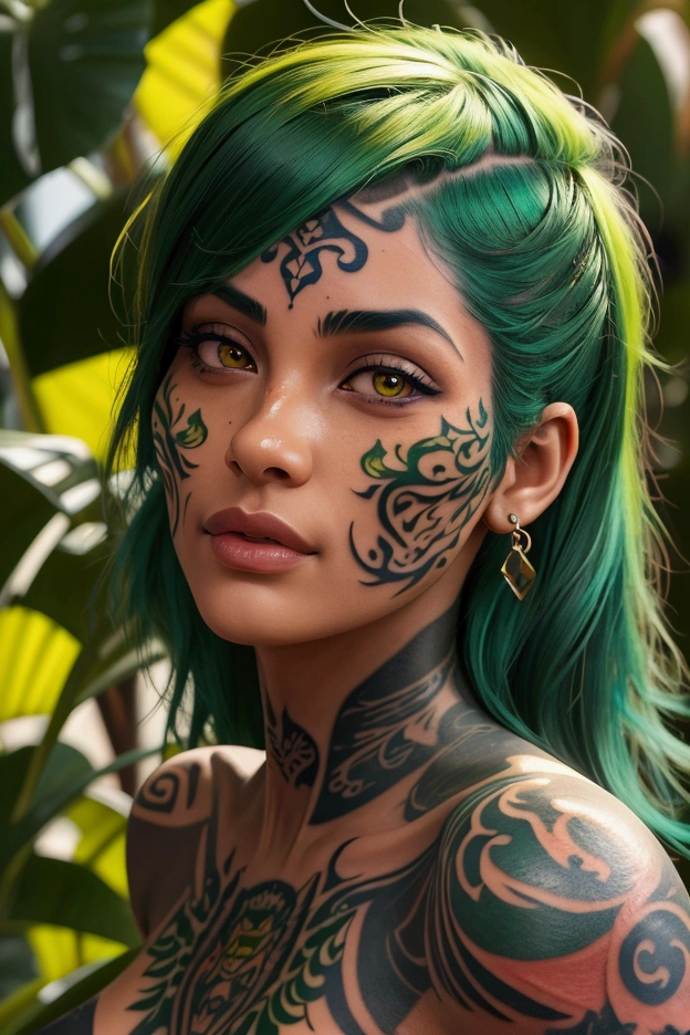 Young woman (ethnicity:1.1), (age:1.1), (detailed clothing:1.2), (accessories:1.1), (facial features:1.3), (expression:1.2), (body type:1.2), (pose:1.1) with vibrant green hair, wearing a yellow shirt, large round sunglasses with amber-yellow gradient lenses,  and extensive face and neck tattoos, in a detailed style.  Detailed skin texture.  The tattoos feature intricate designs and patterns, (detailed tattoos:1.3), suggestive of a street style or urban aesthetic.  Slightly angled pose.  Center-frame composition.  She is facing the viewer.  Dramatic lighting casts shadows on her face, enhancing the depth. A dark-black cap is worn.  The color scheme is vibrant and contrasted, with rich yellow, vibrant green, dark tones.  The background contains elements suggesting a tropical or stylized outdoor setting with palm-like leaves,  (detailed leaf textures:1.1). Digital art, highly detailed, anime style.  Photorealistic style.  Sharp focus. High detail, 8k resolution.