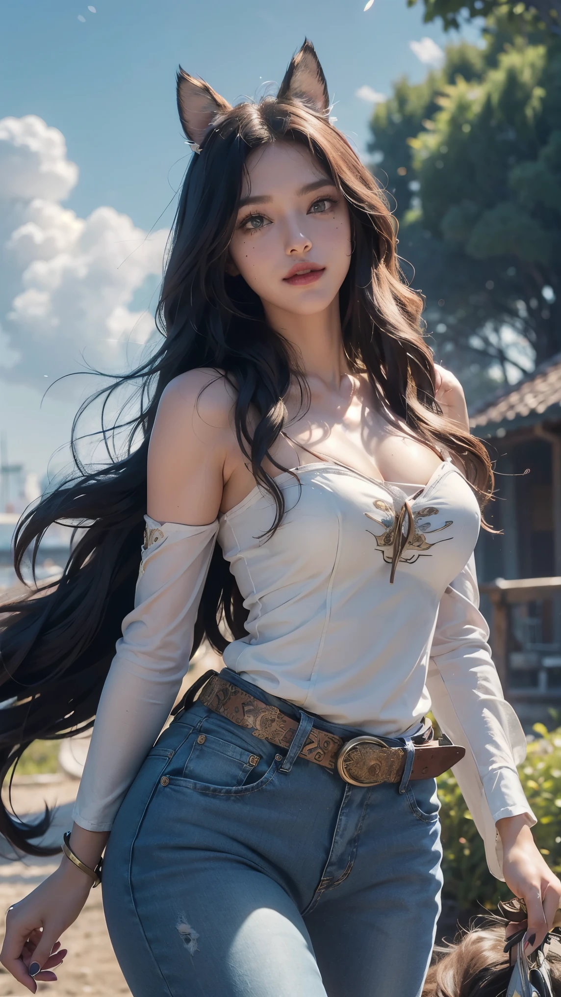 Ahri,(best qualityer,4K,8k,high resolution,work of art:1.2)(weather: cloudy), Mondstadt farm background, horse stables, white long sleeve blouse, leather vest, tight denim jeans, cowboy boots, brown belt, bracelets, cowboy neck and ear  jewelry, stars embroidery, fox ears, long fox tail, cheek mole, whisker-like marks, long curly hair, black hair, ultra detailed, realistic, portrait,beautiful detailed golden yellow eyes with slit-shaped pupils, glowing eyes,blush,beautiful detailed lips,extremely detailed eye and face, long eyelashes,sexy,average, large breasts,beaming smile, flirty smile, powerful girl, sexy pose, stunning curves, bright coloured, dramatic lighting,