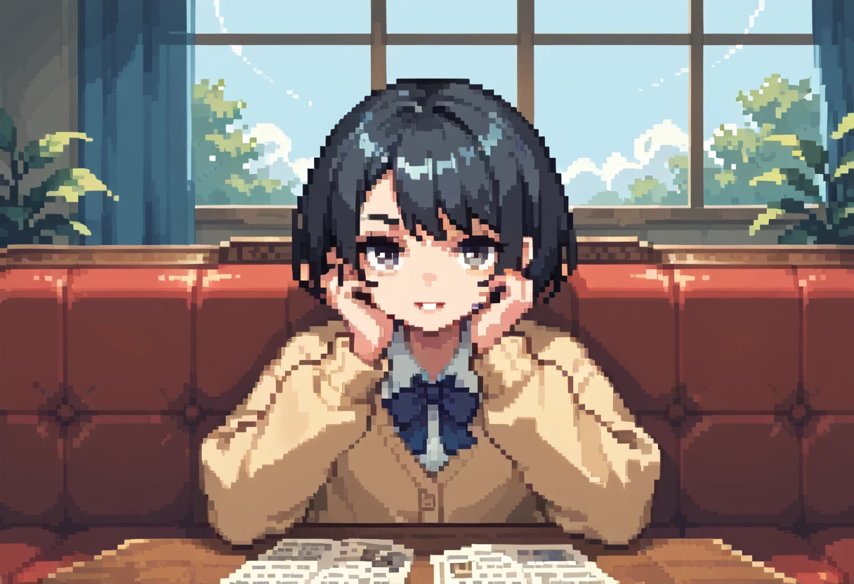  pixel art、solo,2D, beautiful illustration ,close up face,detailed face,from front,from adove,throw,lounge,Sitting facing the Viewer on a square table, looking at viewer,School uniform, Cardigan,black hair ,short hair,bags、Sofa,Window、 big window