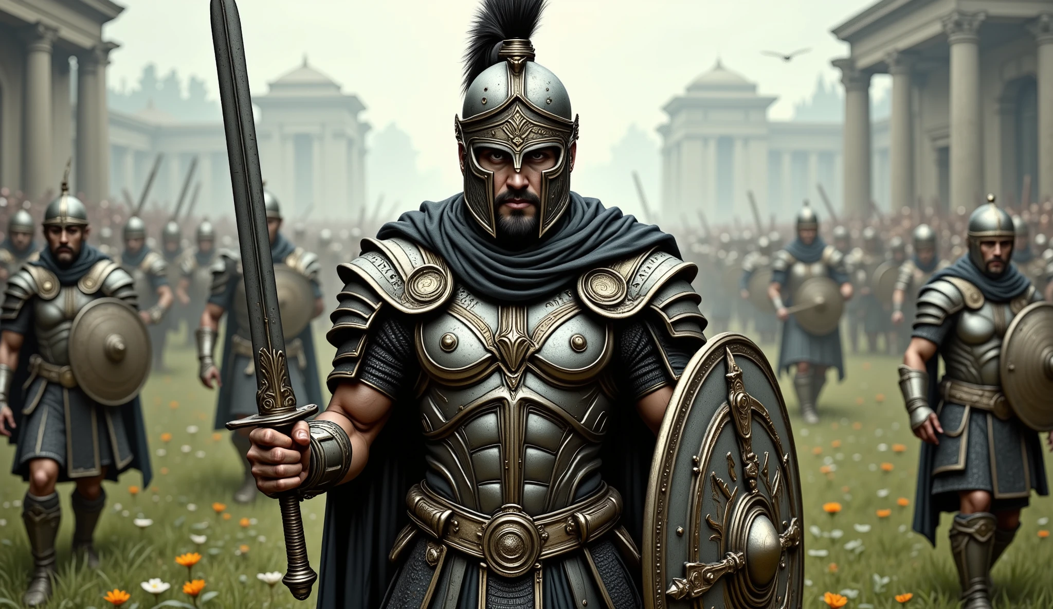 Wide view, Realistic cinematic scene. Ancient 
 Rome culture, Green grassland flowers field natural background. The Roman Empire General in action, in center of the chaotic battlefield, holding sword and shied, wearing intricate Rome detail armor. Golden Ancient runes and cybernectic line decorate, Grimmdark. (Ultra-realistic, 32k, Masterpiece, High Quality, Detailed Realistic Background, Official Art, Realistic Lighting, filmfotos, film grain, reversal film photography).