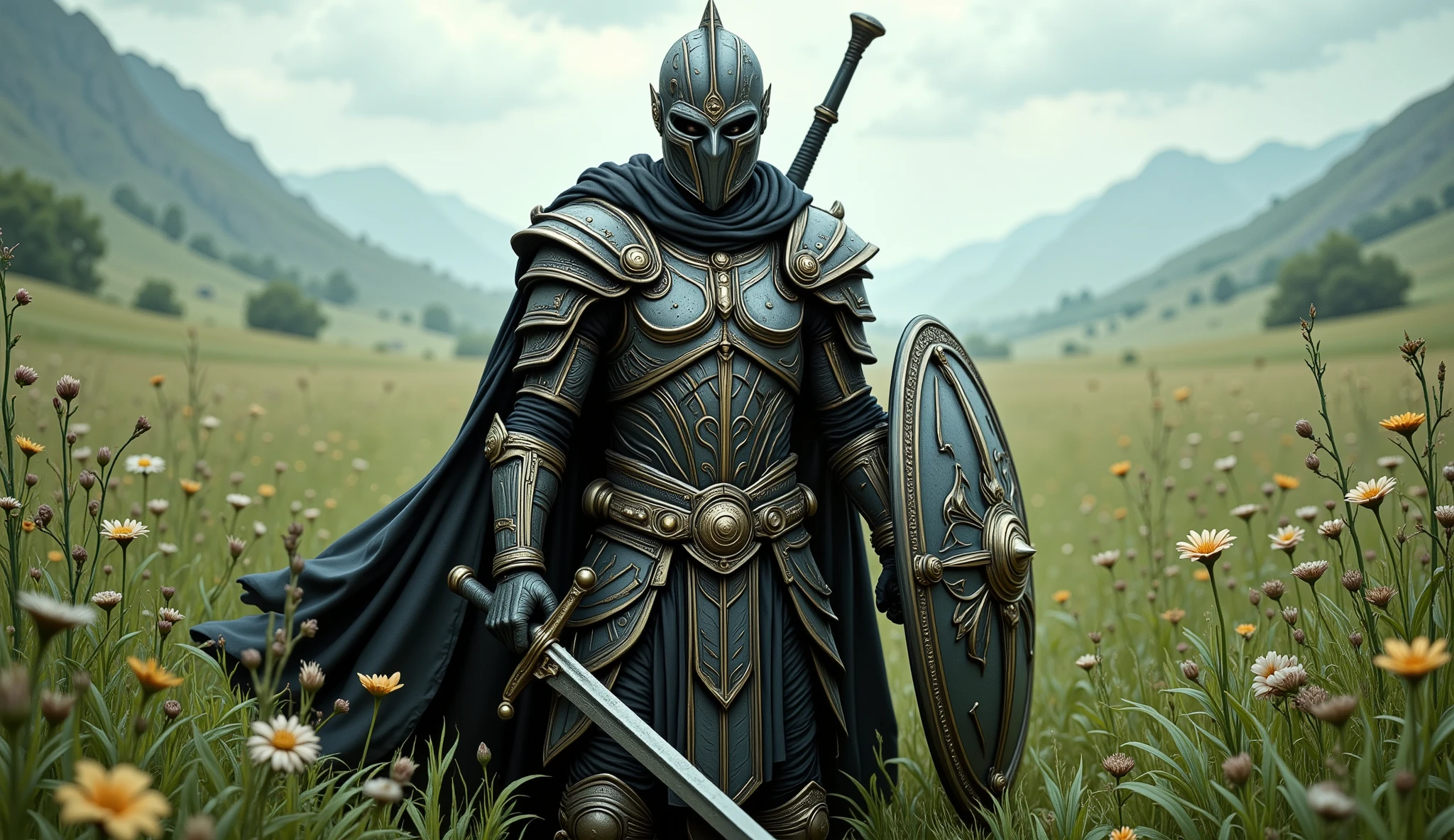 Wide view, futuristic, Sci-fi cinematic scene. Green grassland flowers field natural background. The Roman Empire General in center if the chaotic battlefield, holding sword nad shied, wearing intricate detail armor. Golden Ancient runes and cybernectic line decorate, Grimmdark. (Ultra-realistic, 32k, Masterpiece, High Quality, Detailed Realistic Background, Official Art, Realistic Lighting, filmfotos, film grain, reversal film photography).