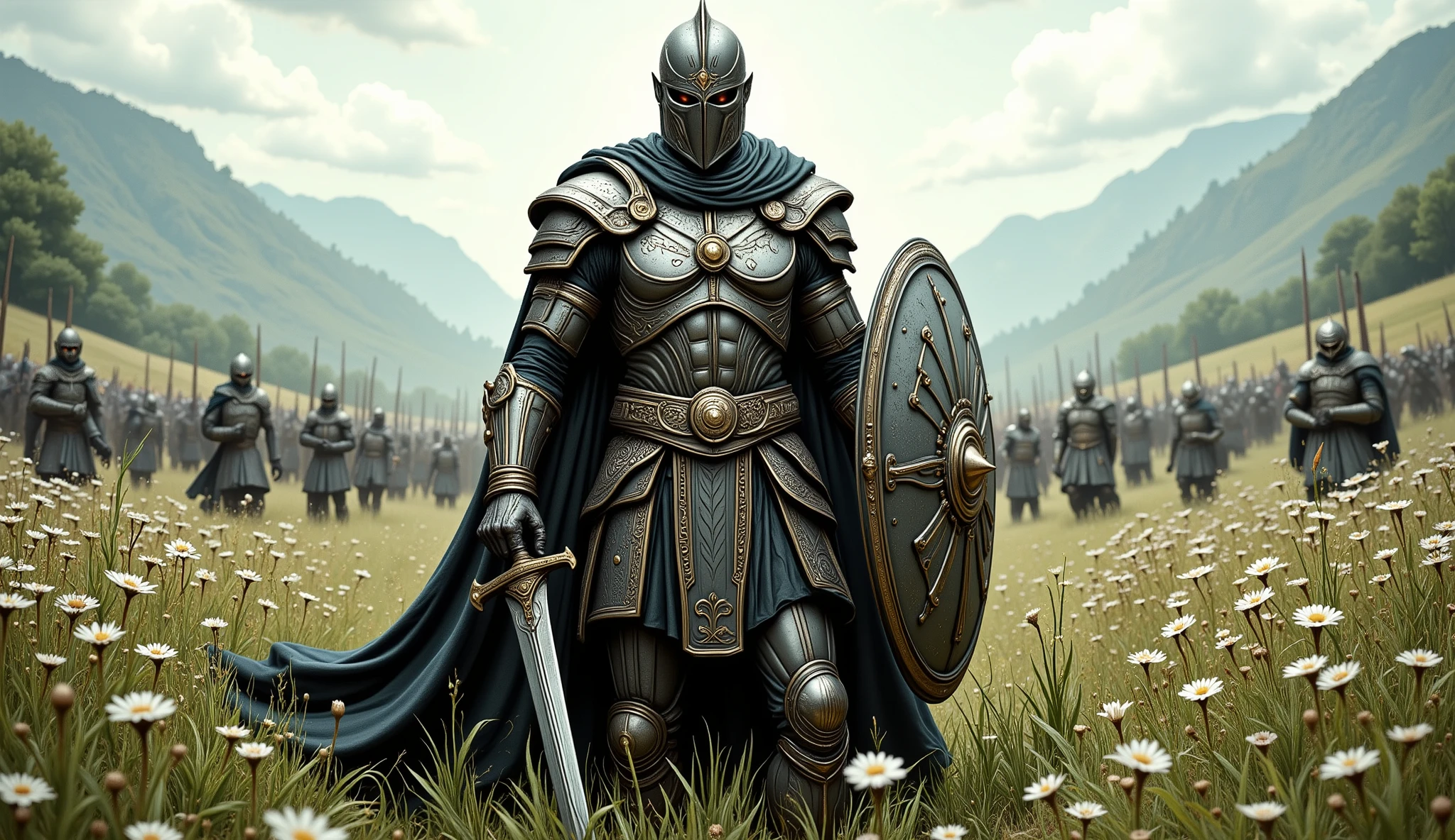 Wide view, Realistic cinematic scene. Ancient 
Rome culture, Green grassland flowers field natural background. The Roman Empire General in center if the chaotic battlefield, holding sword and shied, wearing intricate Rome detail armor. Golden Ancient runes and cybernectic line decorate, Grimmdark. (Ultra-realistic, 32k, Masterpiece, High Quality, Detailed Realistic Background, Official Art, Realistic Lighting, filmfotos, film grain, reversal film photography).