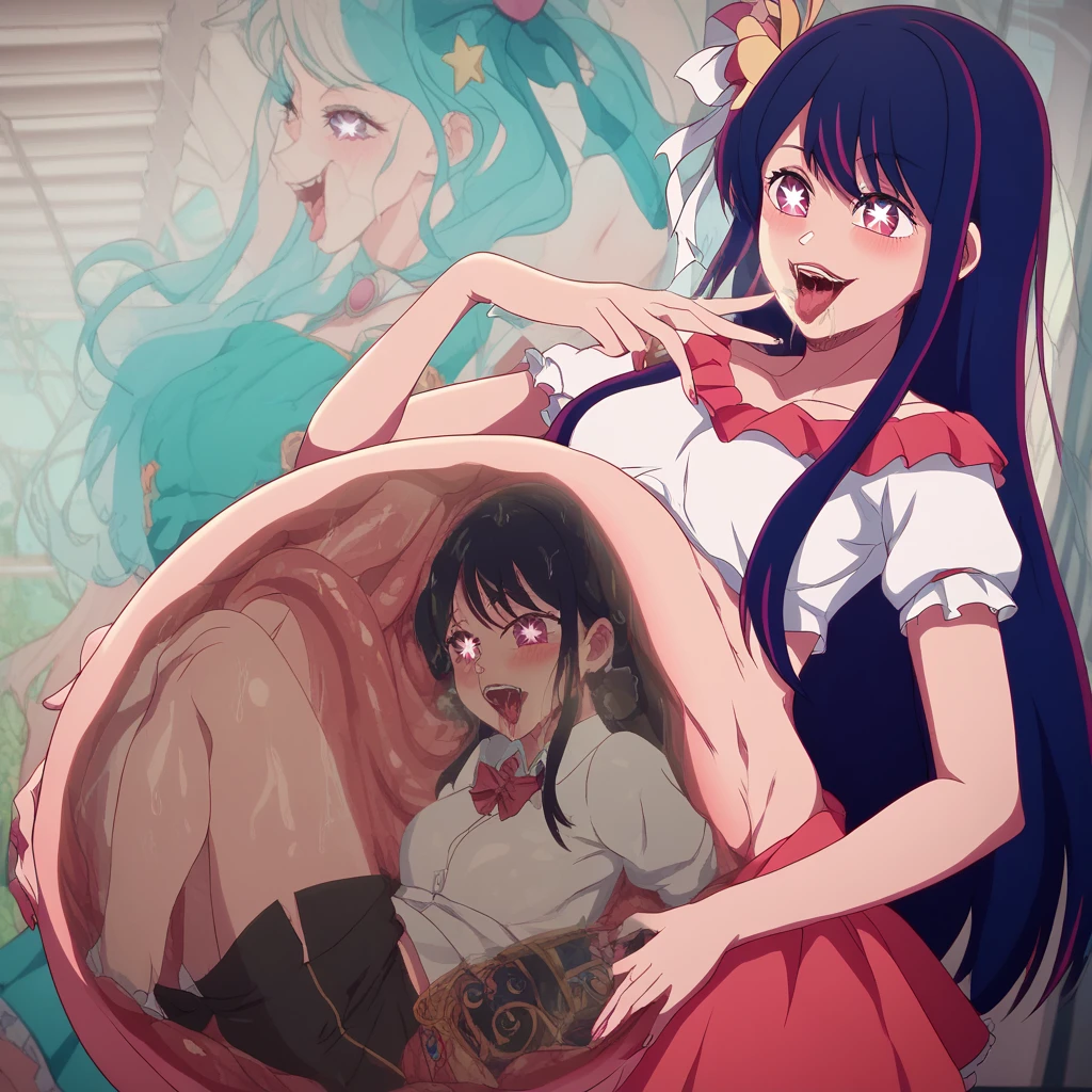 A person trapped inside of Ai Hoshino's belly. X ray vore. burping, very detailed, her stinky breathe from the burp, a visible burp, a ranchy burp, she stares at the viewer as she burps, she has 6 pointed star pupils, detailed star pupils, Accurate, Textured Skin, their hair is down, a green cloud of burp coming from her mouth, detailed prey, bones inside belly, burp