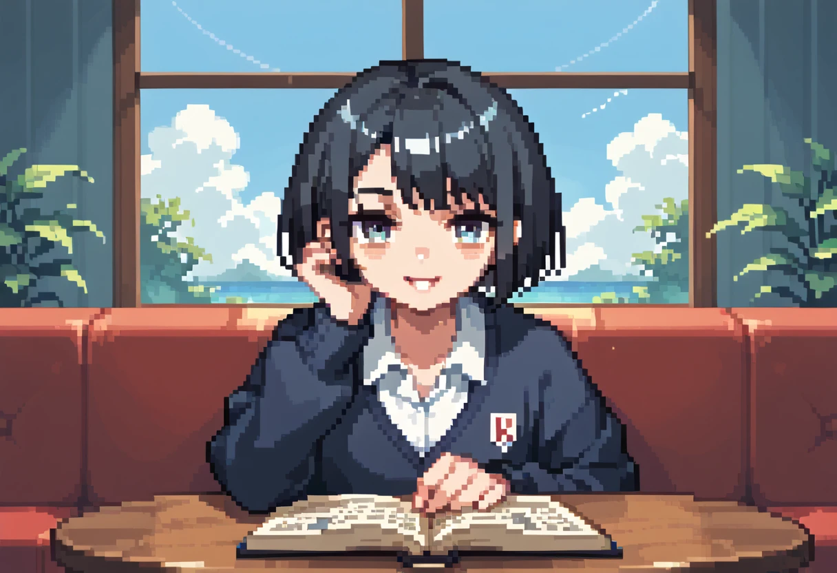  pixel art、solo,2D, beautiful illustration ,close up face,detailed face,from front,from adove,throw,KinoSDXL,1girl,Alone,lounge,Sitting facing the Viewer on a square table, looking at viewer,School uniform, Cardigan,black hair ,short hair,bags、Sofa,Window、 big window