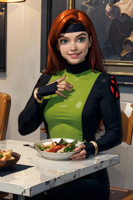 jean grey( big fat body), long red hair,makeup, green eyes,jewelry,bracelet,black headband, green fat bodysuit,multi colored bodysuit, turtleneck,fingerless gloves,long sleeves, looking at viewer, smiling, happy, teeth,
sitting, inside a cozy restaurant, table, table full of food, salad, romantic ambiance, extreme detail,masterpiece, beautiful quality, 