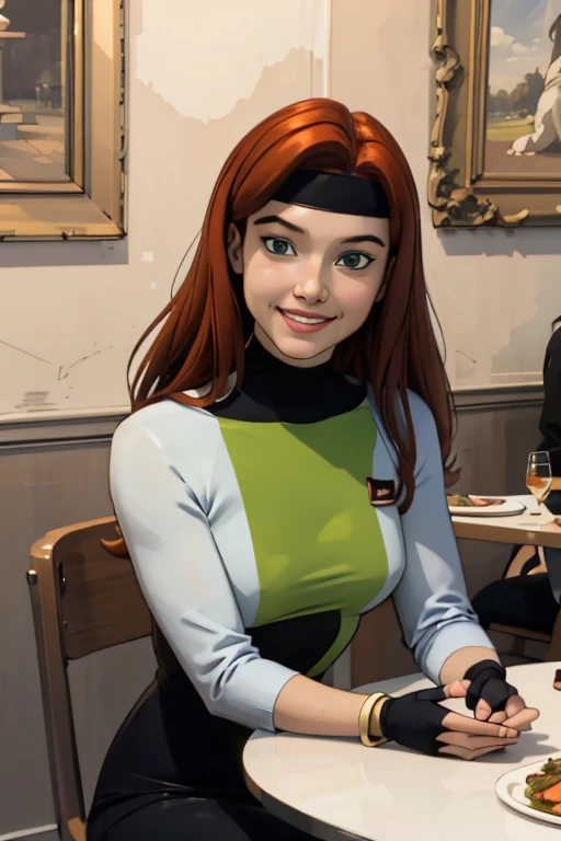 jean grey( big fat body), long red hair,makeup, green eyes,jewelry,bracelet,black headband, green fat bodysuit,multi colored bodysuit, turtleneck,fingerless gloves,long sleeves, looking at viewer, smiling, happy, teeth,
sitting, inside a cozy restaurant, table, table full of food, salad, romantic ambiance, extreme detail,masterpiece, beautiful quality, 