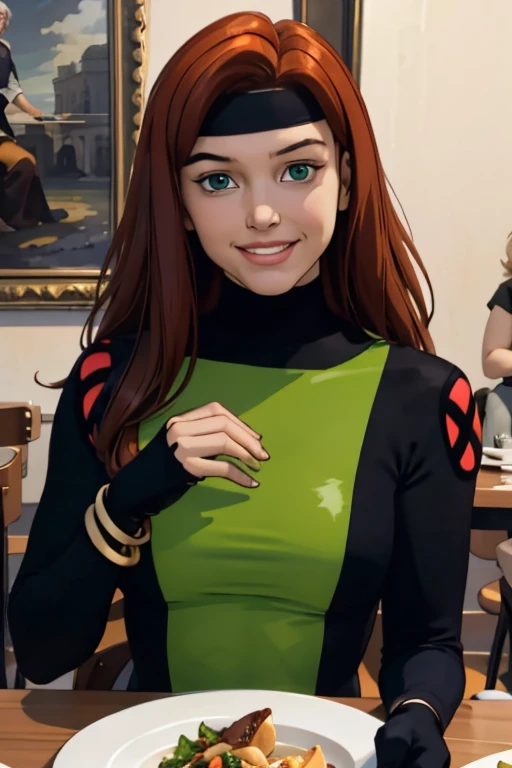 jean grey( big fat body), long red hair,makeup, green eyes,jewelry,bracelet,black headband, green fat bodysuit,multi colored bodysuit, turtleneck,fingerless gloves,long sleeves, looking at viewer, smiling, happy, teeth,
sitting, inside a cozy restaurant, table, table full of food, salad, romantic ambiance, extreme detail,masterpiece, beautiful quality, 