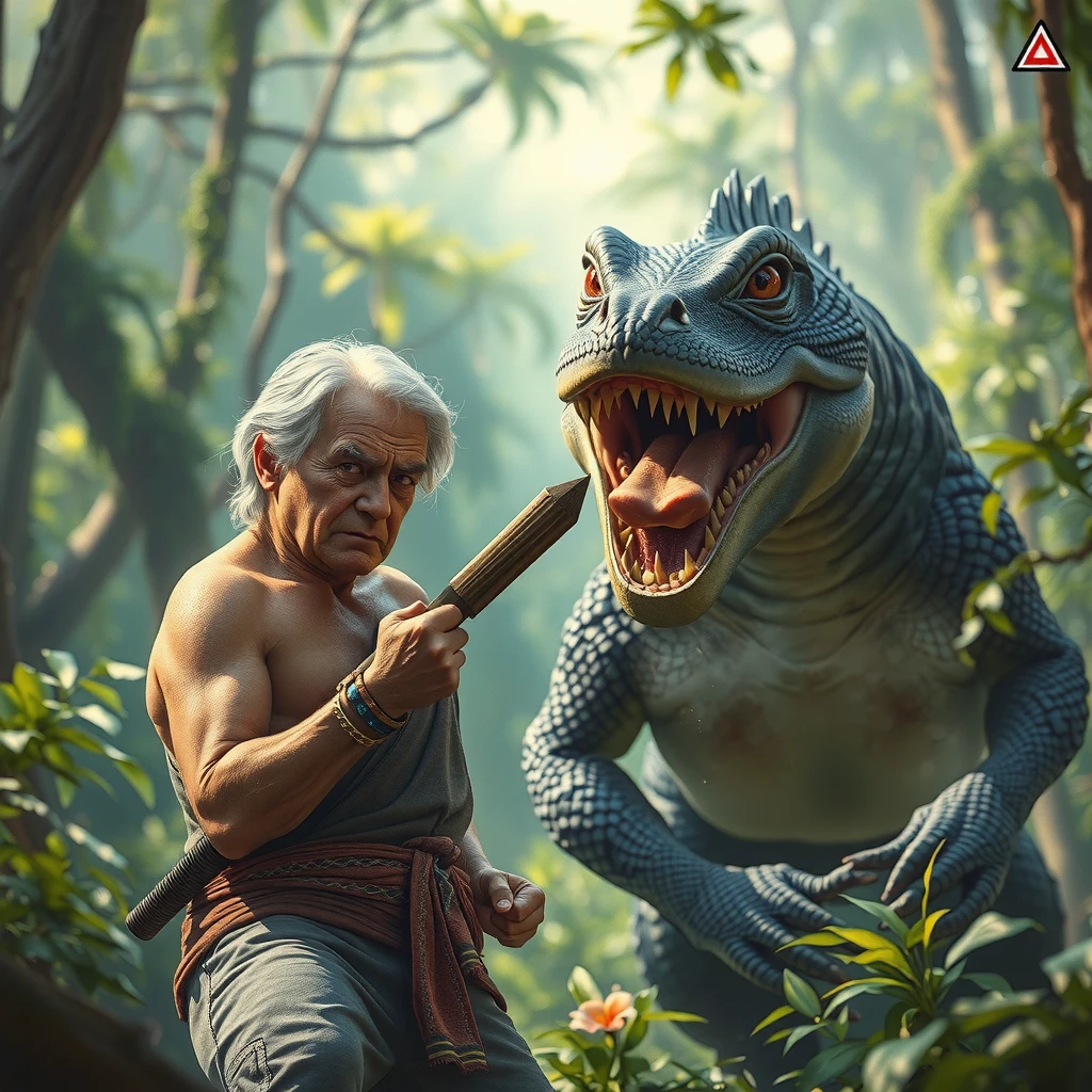  an old man  @dreamlike,  is fighting with his hands against a Komodo dragon in the middle of a wild jungle. epic fighting environment ,  a lot of detail hyperrealistic image 