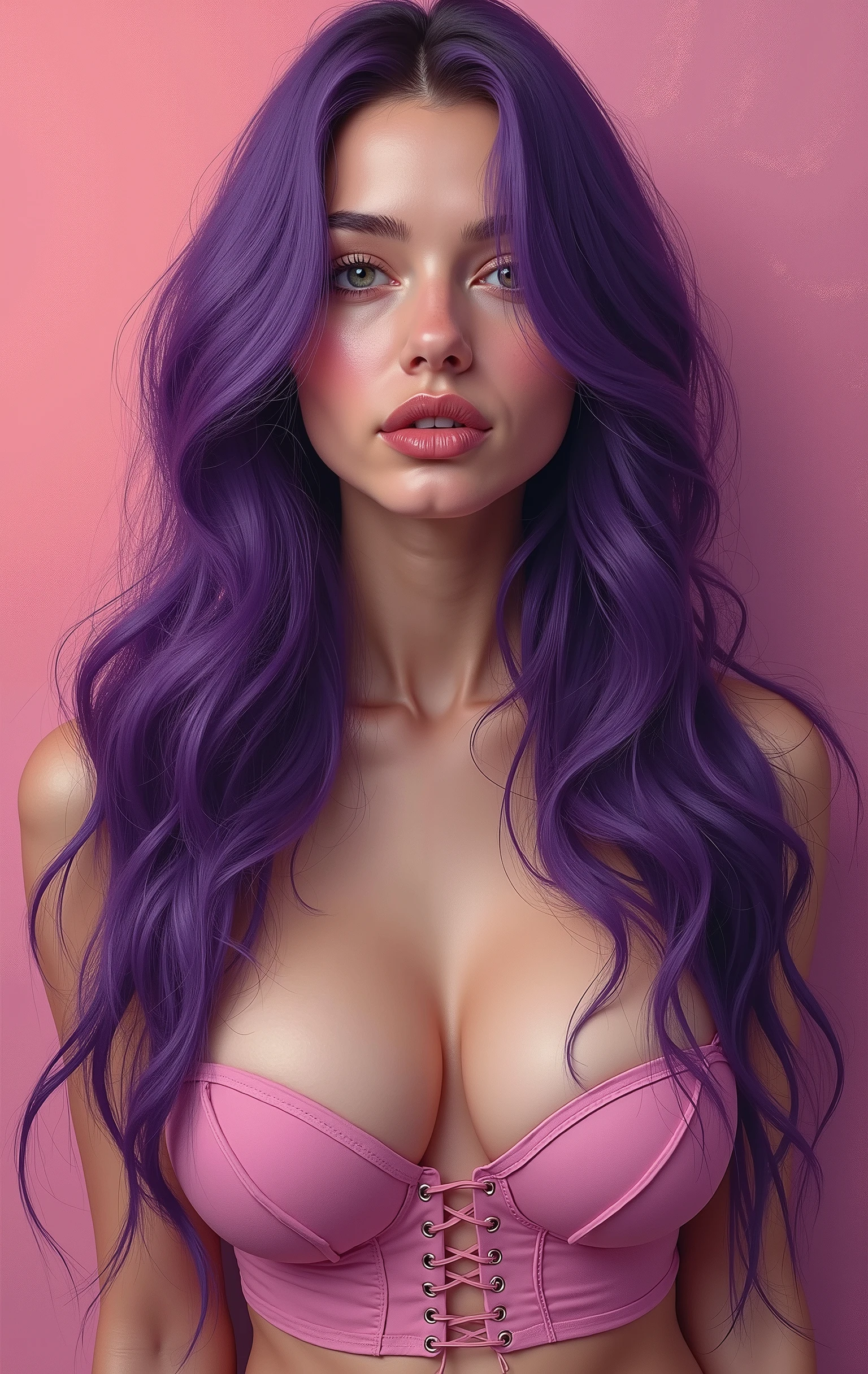 A woman with fair skin, red mouth, eyes browns, breasts big, big eyelashes, long purple hair with bangs straight nude.