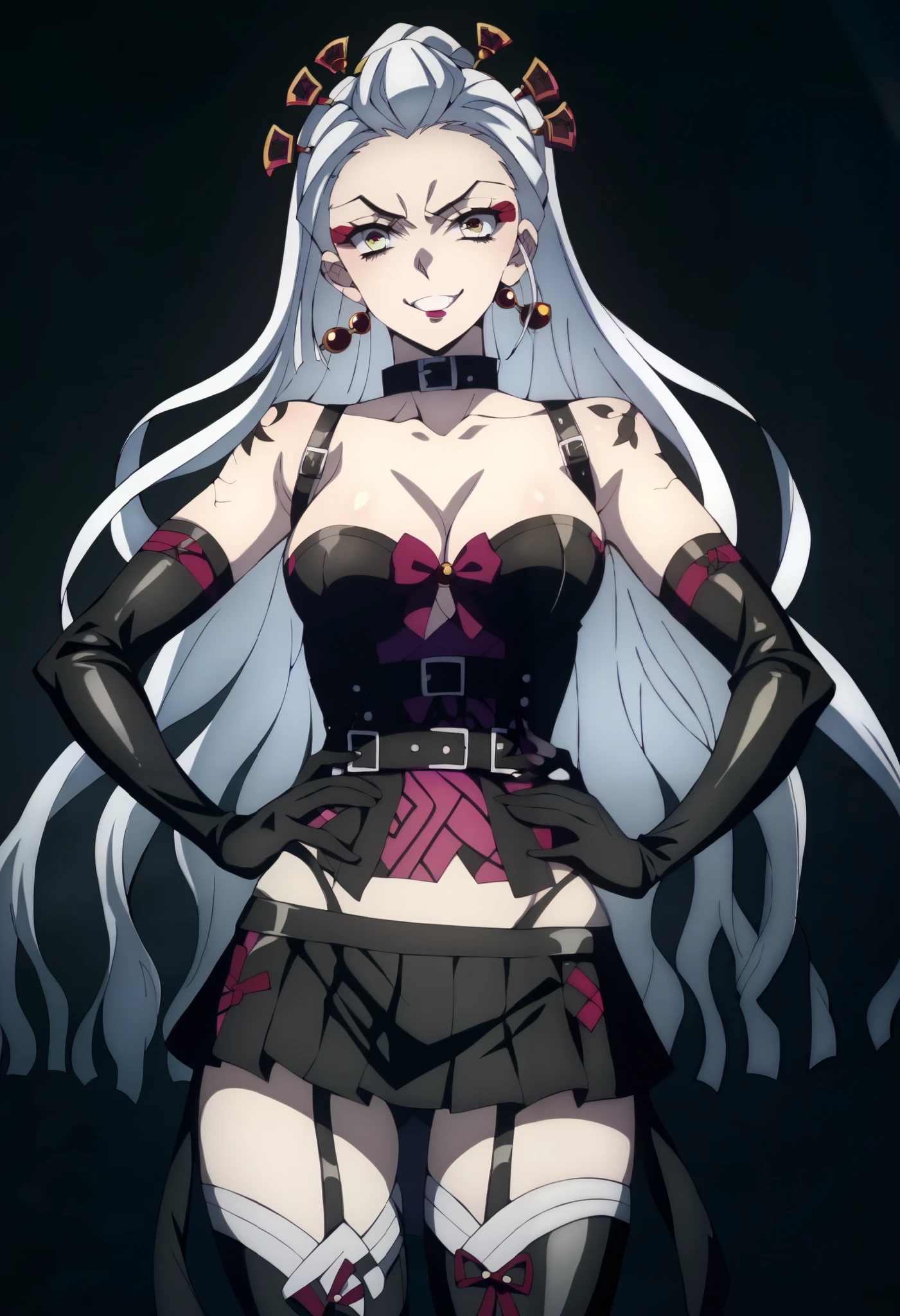 BDSM、Queen、mistress、(((One girl)))、(((solo:1.8)))、(((Black latex elbow gloves:1.4)))、((( black latex corset dress :1.4)))、((( corset dress is decorated with beautiful lace)))、((( Corset Dress with Shoulder Straps )))、((( Black Latex Tight Mini Skirt :1.4)))、((( Black Thigh-High Boots:1.4)))、(((Black rubber tights:1.2)))、((( stiletto heel boots:1.4)))、((( Black Latex High Leg Panties )))、(((Black latex bra)))、(((Black leather collar)))、((( sexy poses :1.4 )))、 wide thigh opening with one leg:1.2、((( erotic)))、((( cowboy shot)))、クローズup、((( place your hands on your hips)))、Beautiful eyes with highlights、Beautiful, smooth skin、Two perfect anatomical arms、 Anatomically Perfect 2 Legs 、(Four perfect fingers and one thumb)、score_9, score_8_up, score_7_up, score_6_up, score_5_up, score_4_up, source_Anime, Dak1d3m0n, 1 girl, Good eyes, white foam style, long hair, White Hair, hair ornament , facial sign ,smile,half body