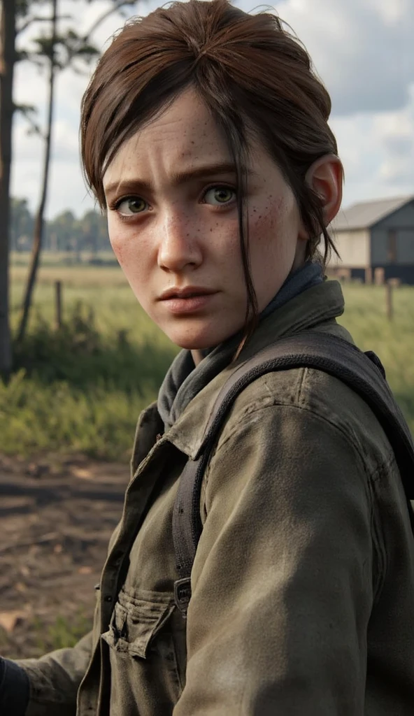 the Last of Us: Parte III Epílogo de Ellie' Supremacía del pelo corto en el Hairstyle de the Last of Us 3, 
Epílogo de Santa Barbara Ellie en the Last of Us:  Part 3
I was responsible for the hair ,  the body and attire of Saint Barbara from the epilogue of Ellie . Hairstyle, parts,  brown gray eyes , un primer plano de una mujer con parts en la cara,  Brown hair, 
( Vintage Pendleton T-shirt Wool Shirt Size 15 Plaid Buttoned Long Sleeve Brown DICKIES,on a vacant ,  Charthartt Dickies Men's Dickies men's waxed canvas coat bell 