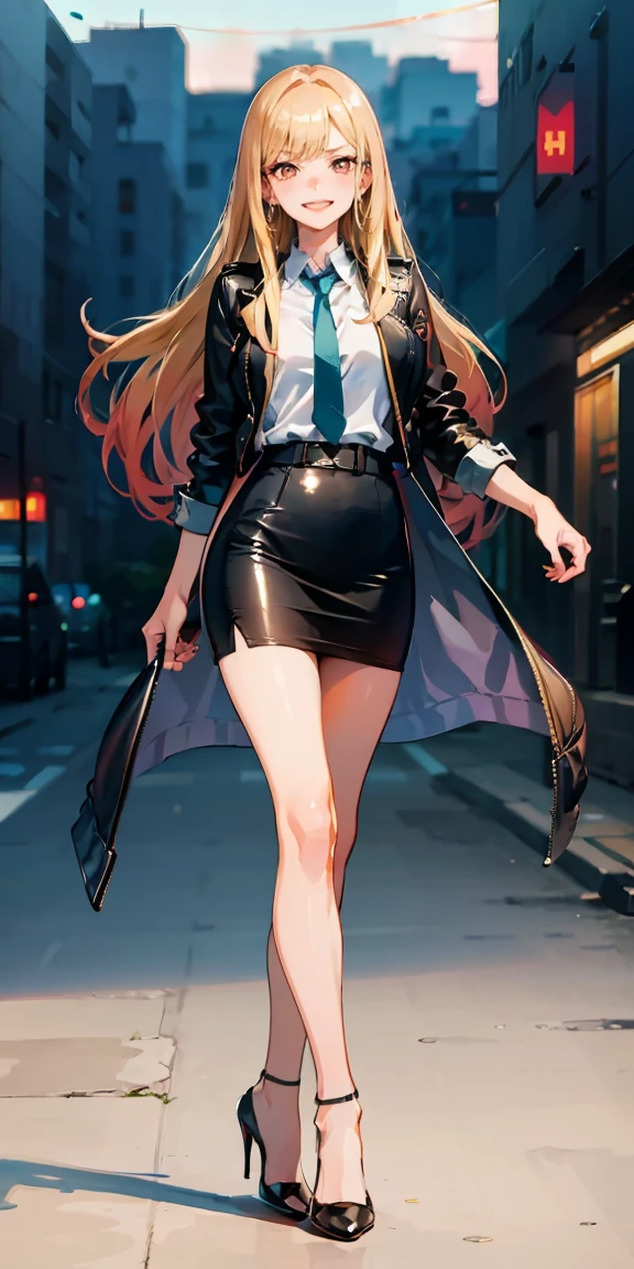 Marin Kitagawa,(best quality:1.6, highres), (beautiful detailed eyes:1.2), elevated, high-quality, beautiful face, 1 girl, leather pencil skirt, oversized leather jacket, blackbird, long hair, wide hips, landscape beautification, street, background, detailed background, sinister smile, angled laughter, long coat, blouse, tie, office woman, mature,((high heels)),A look of contempt,disgusting expression,sneer,high heel soles, 