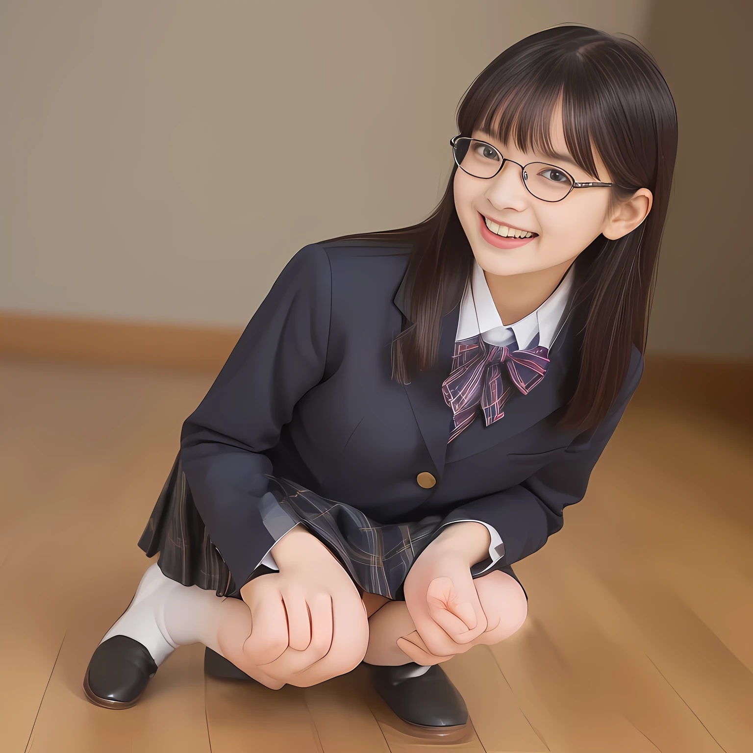 (Highest quality, masterpiece:1.2), Highest quality, High resolution, 1080P, 8k, clearly detailed, low-angle shot, height: 150cm, (Some **yo idol girls are inviting, bending down deeply at waist, and looking down at the floor, bending down deeply at her waist, their shining eyes are looking down at the viewer directly, Girls faces are looking down and coming close to the viewer, Low-angle-skirt-close-shot from below the girls' knees, ((skirt close shot)), only high altar of succubus in school underground background, Thick feminine eye-glasses: 2.0) (Nobly bowing super-pretty shining-short-bobbed-hair super-beautiful super-bewitching super-cute expensive school-uniform pretty slender **yo-idol of most-beautiful-school-uniform-girl-models photo-magazine in Japan, too beautiful aristocratic daughter laughing down at the viewer, in supreme bliss, bowing and accepts the viewer's every desire: 1.8), (Eye-glasses, long bottom eye-slashes, long top eye-slashes, double eye ridge), (very bewitching beautiful full-open lips: 1.4), (neat gorgeous school uniform of private high school in Japan. navy-school-blazer with gold-emblem, super-neat navy-blue-lined-tartan-checkered light-sky-blue-pleats-school-skirt, super-girly plain-red ribbon on the breast: 1.5), (bewitching expression, smile, lips, and pose to corrupt the viewer, everything is planned and prepared to corrupt the viewer into the allusion of love towards the girl: 1.2), (clearly detailed foreground focusing on girl's beauty and cuteness, gorgeous blue girly bed background of full-of-girls girly-heaven: 1.2), (some girls are putting her beautiful both hands and fingers on the viewer to tear off the viewer's cloths lustily and forcibly, which may also open the viewer's brain, pouring her girly white ecstasy drool to the viewer: 1.5), (sky-blue school skirt, beautiful legs, loafers: 1.6), (detailed brown eyes: 1.5), (Strong lustful hypnotic wind blows her hair from her back: 1.4)