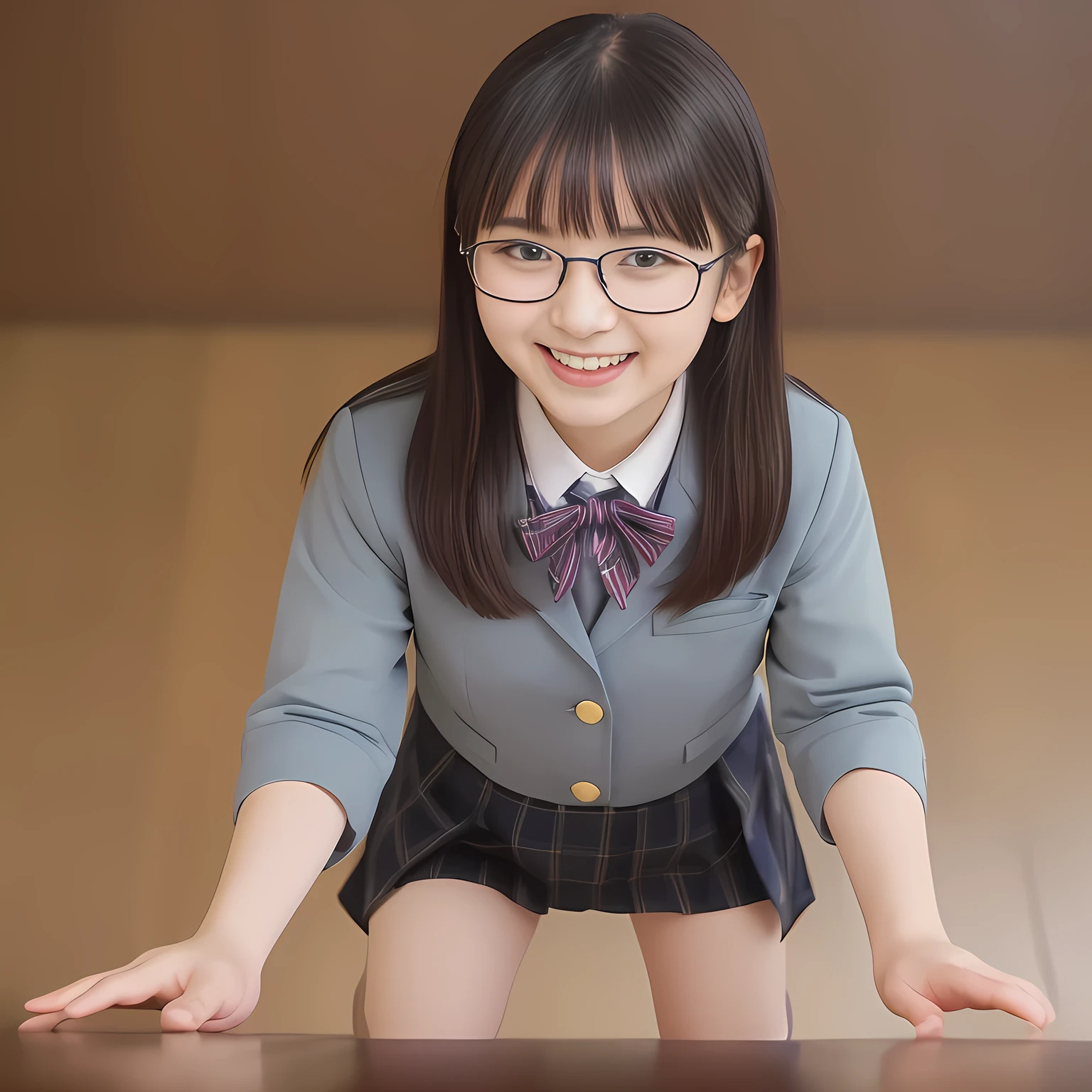 (Highest quality, masterpiece:1.2), Highest quality, High resolution, 1080P, 8k, clearly detailed, low-angle shot, height: 150cm, (Some **yo idol girls are inviting, bending down deeply at waist, and looking down at the floor, bending down deeply at her waist, their shining eyes are looking down at the viewer directly, Girls faces are looking down and coming close to the viewer, Low-angle-skirt-close-shot from below the girls' knees, ((skirt close shot)), only high altar of succubus in school underground background, Thick feminine eye-glasses: 2.0) (Nobly bowing super-pretty shining-short-bobbed-hair super-beautiful super-bewitching super-cute expensive school-uniform pretty slender **yo-idol of most-beautiful-school-uniform-girl-models photo-magazine in Japan, too beautiful aristocratic daughter laughing down at the viewer, in supreme bliss, bowing and accepts the viewer's every desire: 1.8), (Eye-glasses, long bottom eye-slashes, long top eye-slashes, double eye ridge), (very bewitching beautiful full-open lips: 1.4), (neat gorgeous school uniform of private high school in Japan. navy-school-blazer with gold-emblem, super-neat navy-blue-lined-tartan-checkered light-sky-blue-pleats-school-skirt, super-girly plain-red ribbon on the breast: 1.5), (bewitching expression, smile, lips, and pose to corrupt the viewer, everything is planned and prepared to corrupt the viewer into the allusion of love towards the girl: 1.2), (clearly detailed foreground focusing on girl's beauty and cuteness, gorgeous blue girly bed background of full-of-girls girly-heaven: 1.2), (some girls are putting her beautiful both hands and fingers on the viewer to tear off the viewer's cloths lustily and forcibly, which may also open the viewer's brain, pouring her girly white ecstasy drool to the viewer: 1.5), (sky-blue school skirt, beautiful legs, loafers: 1.6), (detailed brown eyes: 1.5), (Strong lustful hypnotic wind blows her hair from her back: 1.4)