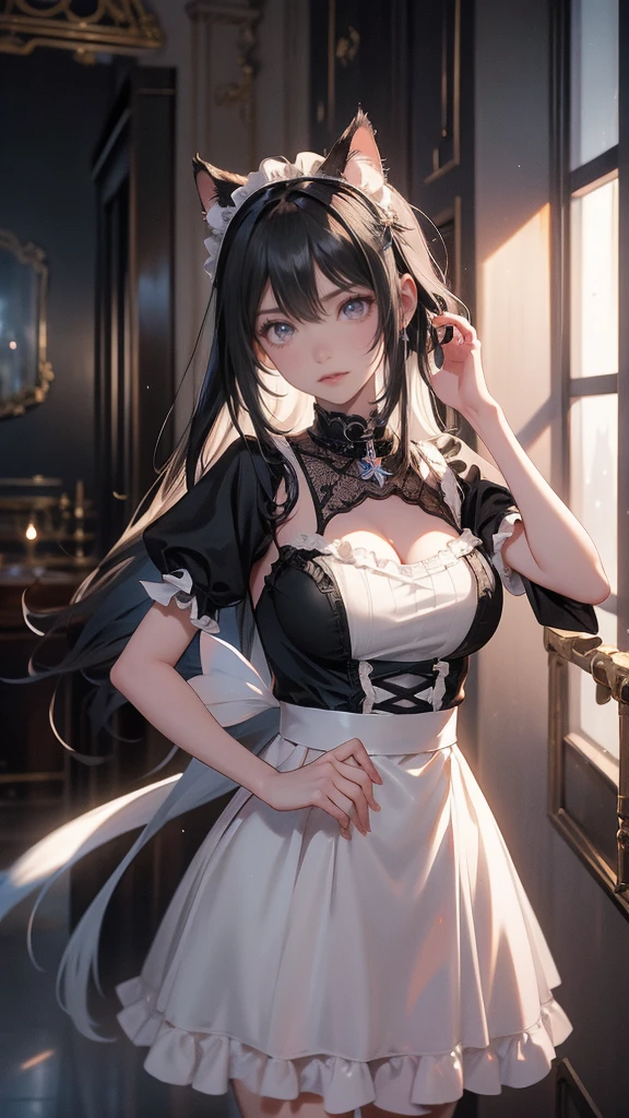 arafed woman in a black and white outfit posing for a picture, cosplay of a catboy! maid! dress, Anime girl cosplay, anime girl in a maid costume, gorgeous maid, azur lane style, Maid outfit, cosplay foto, cosplay, Albedo from Overlord, Anime cosplay, alluring tipha lockhart portrait, A scene from the《azur lane》videogame, Cat ear, Tail