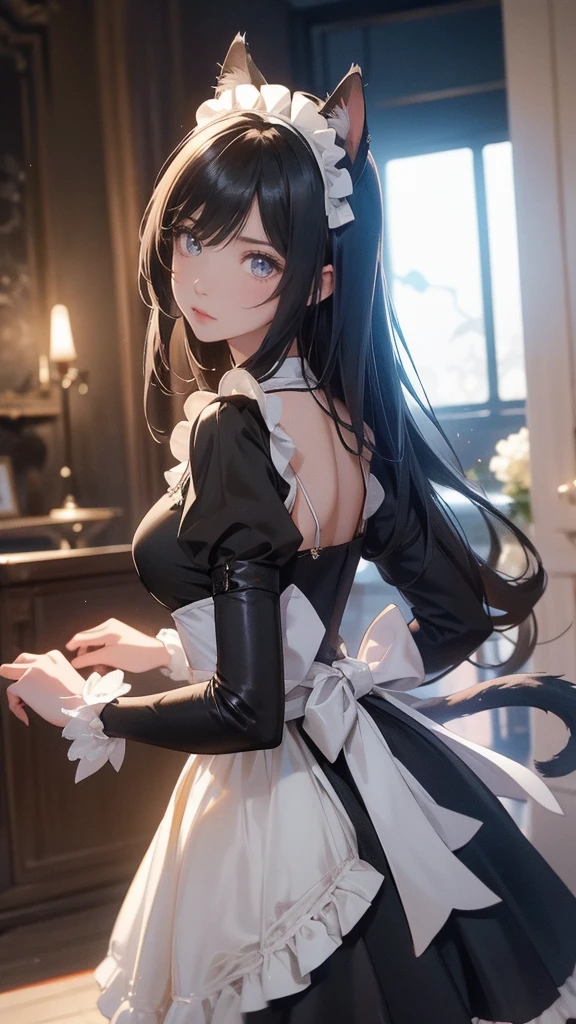 arafed woman in a black and white outfit posing for a picture, cosplay of a catboy! maid! dress, Anime girl cosplay, anime girl in a maid costume, gorgeous maid, azur lane style, Maid outfit, cosplay foto, cosplay, Albedo from Overlord, Anime cosplay, alluring tipha lockhart portrait, A scene from the《azur lane》videogame, Cat ear, Tail