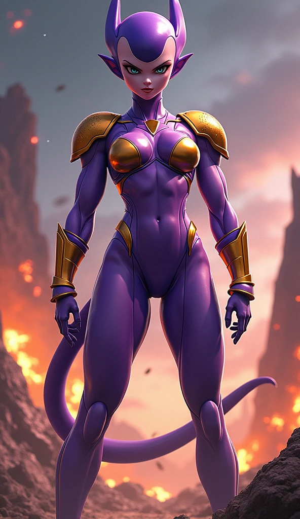frieza gender bend, big breasts, deep cleavage, big round ass, round Buttocks, cameltoe, wide hips, leg spread apart, her hips swaying, skimpy armor, anime eyes dragon ball z, frieza eyes, purple nipples, laughing