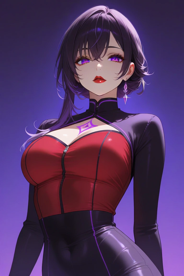  black-haired brunette woman with purple tips ,  violet eyes costume,  red lips and tight medium-violet black clothing .  with a shiny violet glow coming out of her chest