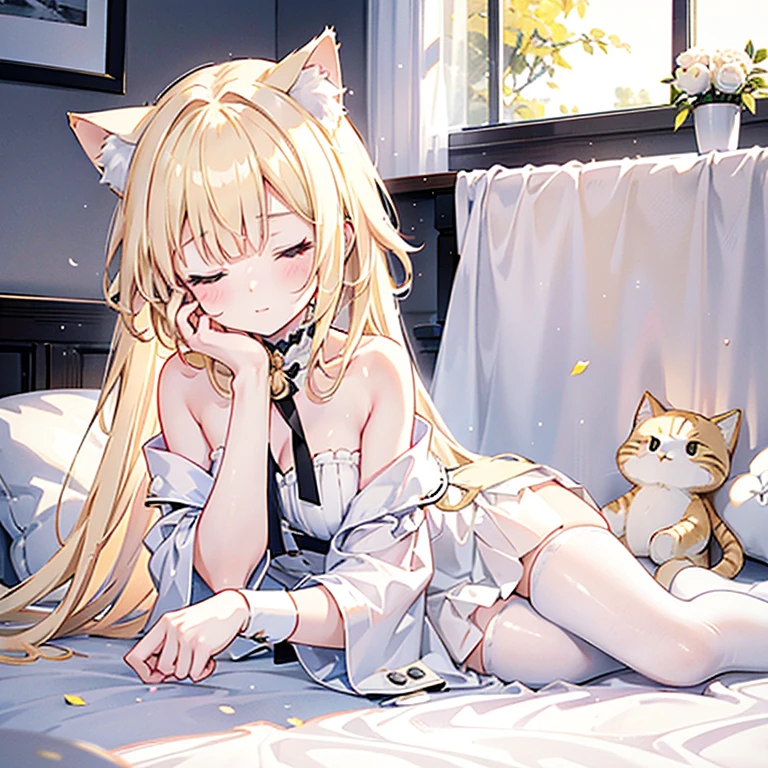 Charming light golden haired 18 year old cat ears girl wearing white and light black skirt and white stockings with white panties，Sit lying down with your face red like an apple，Dressed cute with one eye closed，There are no defects in the whole body，The whole body is in the picture 