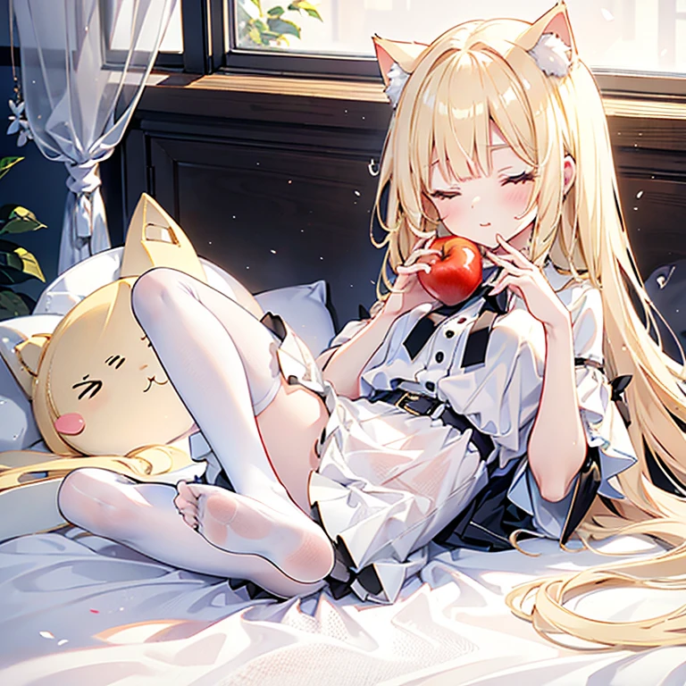 Charming light golden haired 18 year old cat ears girl wearing white and black skirt and white stockings with white panties，Sit lying down with your face red like an apple，Dressed cute with one eye closed，There are no defects in the whole body，The whole body is in the picture 