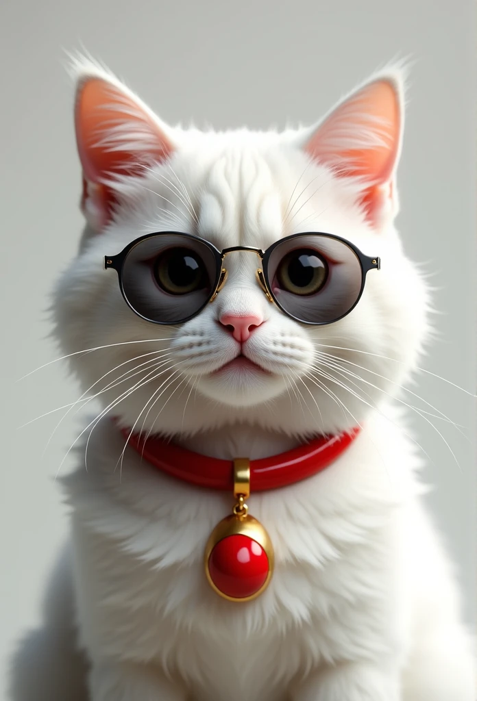 white cat red necklace with gold pendant, he is wearing sunglasses