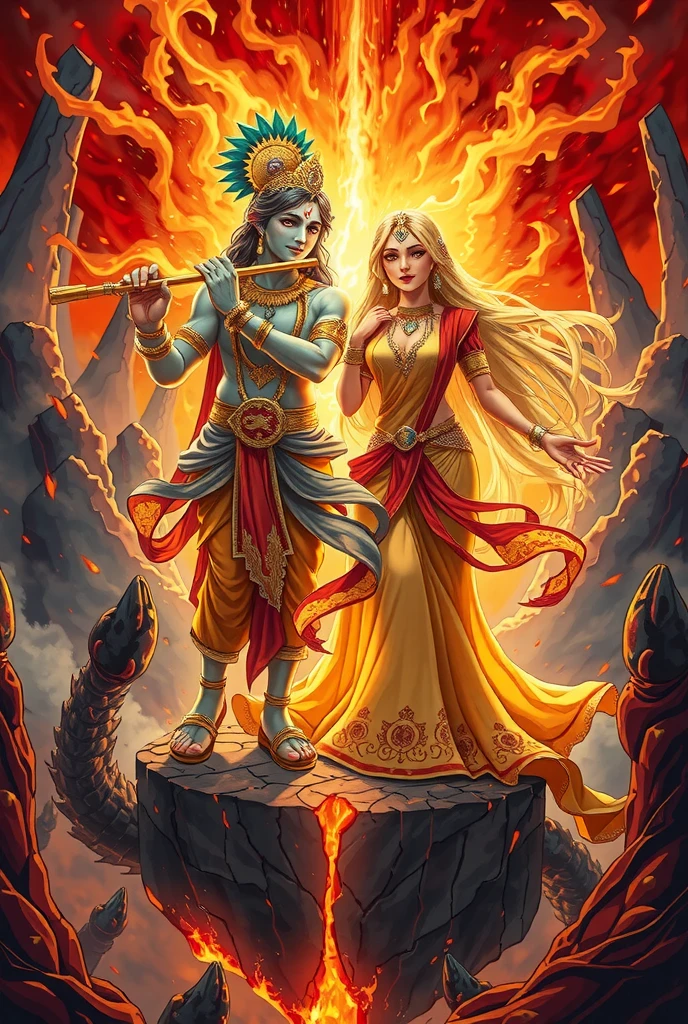 In the heart of a fiery, infernal abyss, Krishna and Radha stand as beacons of divine energy, defying the tormenting environment around them. The landscape is a nightmare of jagged volcanic cliffs, rivers of flowing lava, and towering obsidian spires that pierce a blood-red sky filled with ash and smoke. Demonic creatures, shadowy and grotesque, lurk in the background, recoiling from the overwhelming radiance of the divine pair.

Krishna, his radiant blue skin glowing like a star, wears a celestial golden armor etched with intricate symbols of protection. His peacock feather crown flares with a fiery aura, and his golden flute burns with a holy light, pulsating with power. He stands atop a cracked and glowing obsidian platform, his expression calm yet commanding as he confronts the dark forces surrounding them. Divine energy emanates from his form, creating a halo that repels the encroaching darkness.

Radha, glowing with an otherworldly golden light, appears equally magnificent and unyielding. She wears a flowing gown that shimmers with hues of molten gold and fiery crimson, her long hair swirling with embers as if alive with divine flames. Her hands are raised, casting protective energy around them, creating a shimmering barrier that holds back the hellish chaos. Her serene expression contrasts with the chaos around her, embodying hope and purity.

The air crackles with tension as waves of divine energy clash with the malevolent forces of the infernal realm. Flames roar and shadows writhe, but the divine light of Krishna and Radha stands unwavering, illuminating the darkest depths of hell itself.