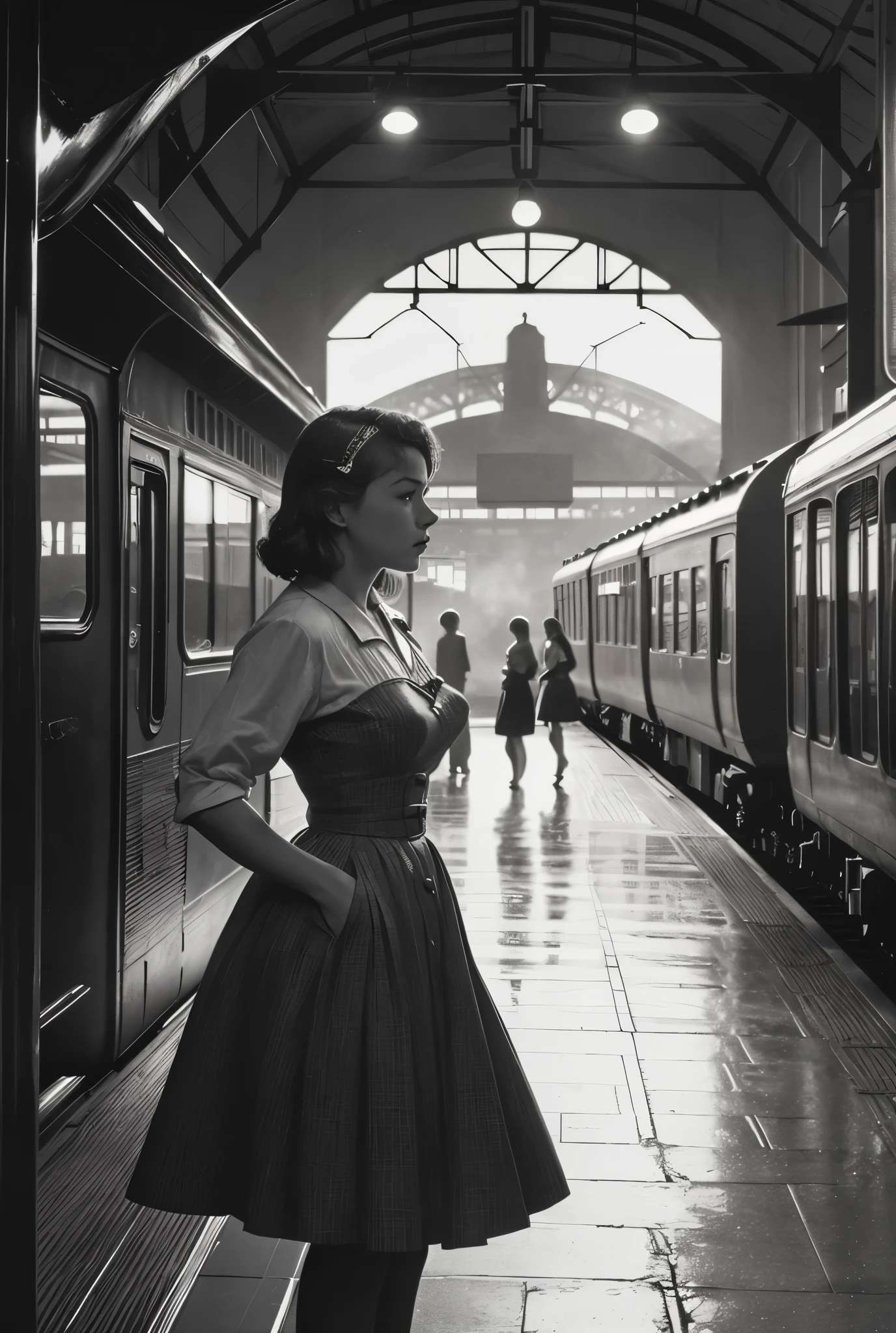 (( Monochrome 、 a scene from a 1950's movie))、( Europe、Terminal、terminal、Steam locomotive、 platform 、train、evening、Young Woman、Farewell、Life、trainに乗り込む女性)