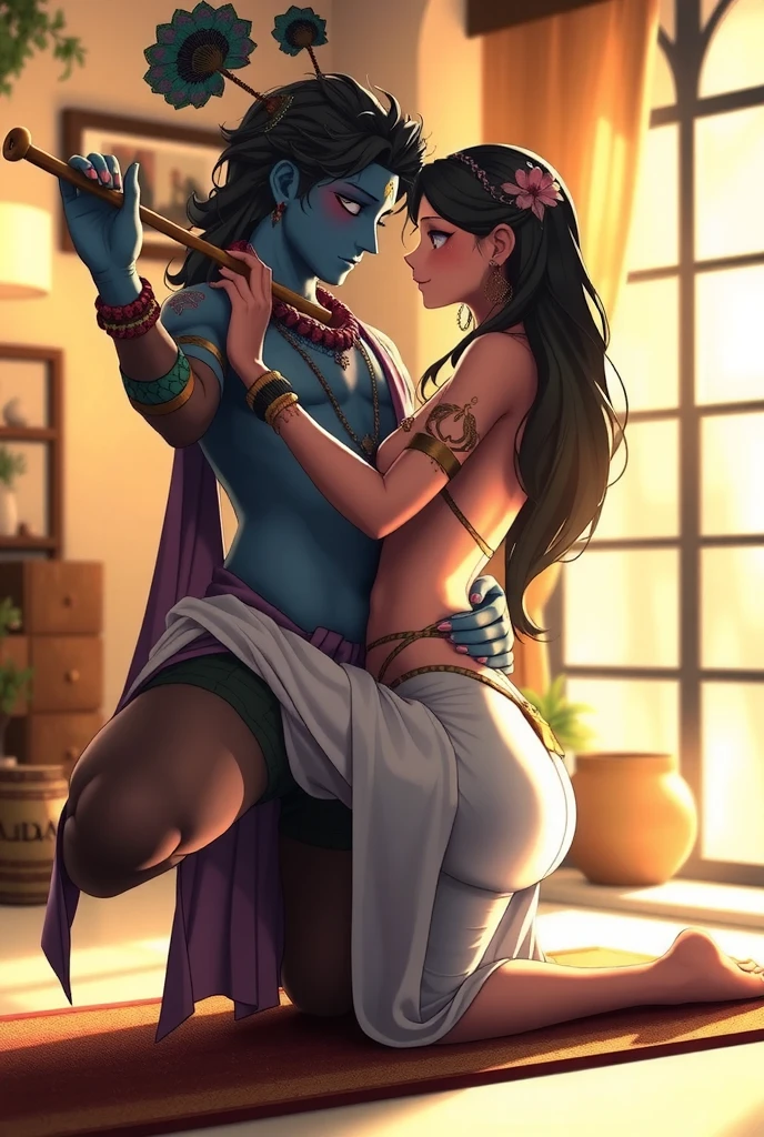 A anime inspired modern, portrayal of Radha and Krishna in a symbolic couple yoga pose, their clothing and positioning to hint at a deep, sensual connection. Krishna, with his iconic peacock feather and blue glowing skin and flute, wearing shorts and vest and Radha, golden white glowing, in modern tight yoga dress engage in a balanced pose that subtly implies something deeper happening between them. The warm, soft lighting adds to the intimate atmosphere, and their gaze conveys closeness, blending spirituality and romance in a visually symbolic pose. (nudity) (eroitc) (sensual) (groping) 