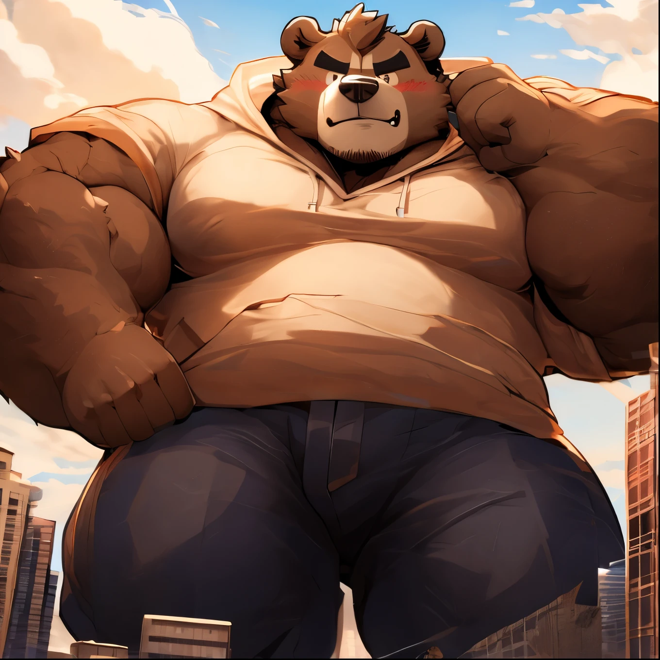 bear, hot, male, college, bully, solo, Musclegut, big chest, hoodie, t-shirt, pants, dark brown fur, light brown muzzle, blush, cocky, intimidating, wide angle, (Massiv:3.0, ( heavyweight,stark,Macro, Emphasize )),