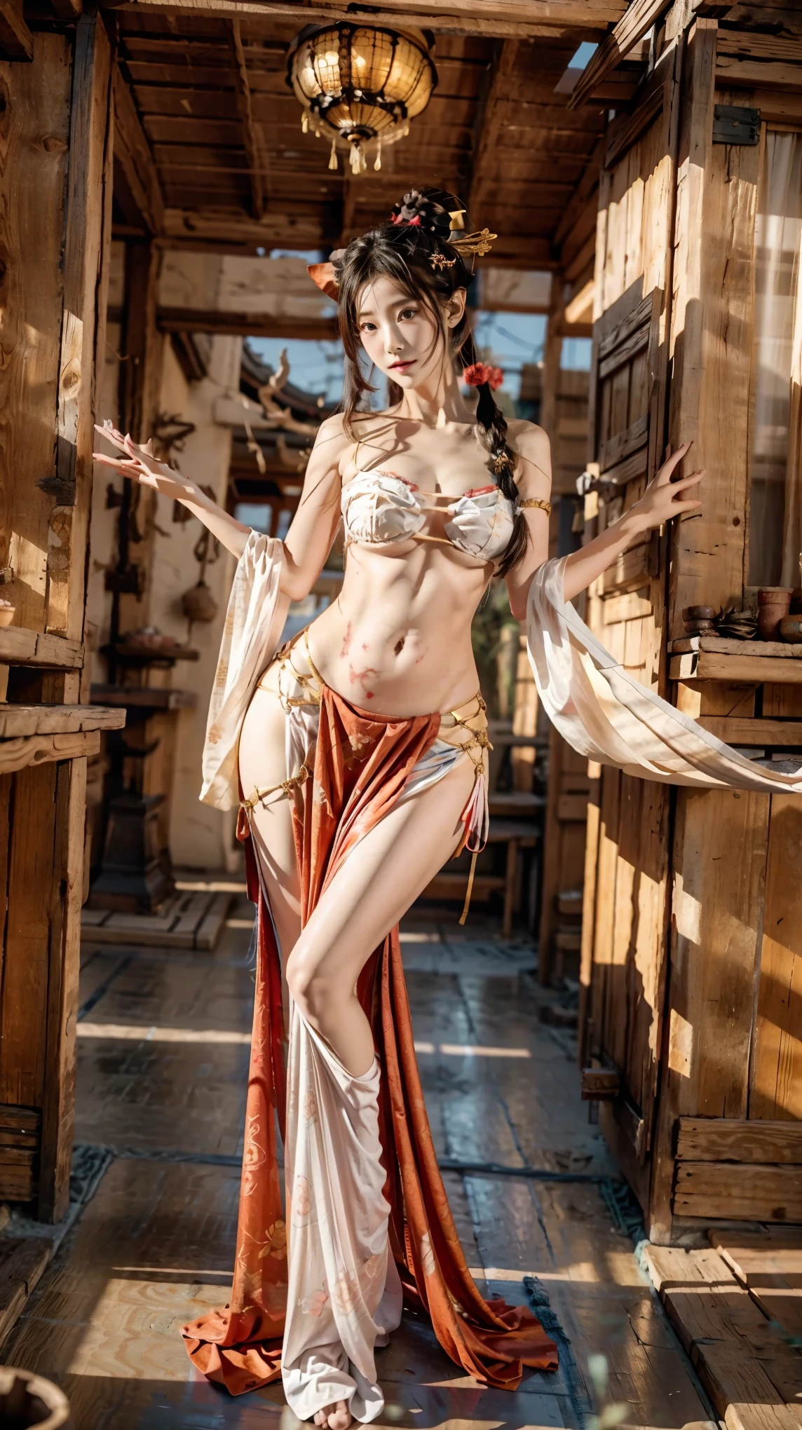 (heavy breasts)、top-quality、​masterpiece、超A high resolution、（metal white dragon armor）、(((Colossal tits))),dragon armor、(((Detailed Micro Bikini))),(Wear a beautiful crown made of intricate gemstones),(Photorealsitic:1.4)、Raw photo、女の子1人、(((Random hair))、(((Take different poses)))、glowy skin、(((Chinese Dragon)))、Intricate and ornate hair ornaments、（Gorgeous Jewelry Necklaces）、（Mystical expression）、（Full Body Angle）、((Light red hair)),（Fight big dragons）、（metal metal bikini）、(((Sahara desert background)))、Precipitous cliffs)、((super realistic details))、portlate、globalillumination、（sexypose）、Shadow、octan render、8K、ultrasharp、Colossal tits、Raw skin is exposed in cleavage、metals、Details of complex ornaments、Japan details、highly intricate detail、Realistic light、CGSoation Trends、Blue eyes、radiant eyes、Facing the camera、Toostock、（Full Body Angle）、（veils）、(((desert background)))、highcontrast、((Inside the oasis)),blue open sky、Sky Blue Sky、