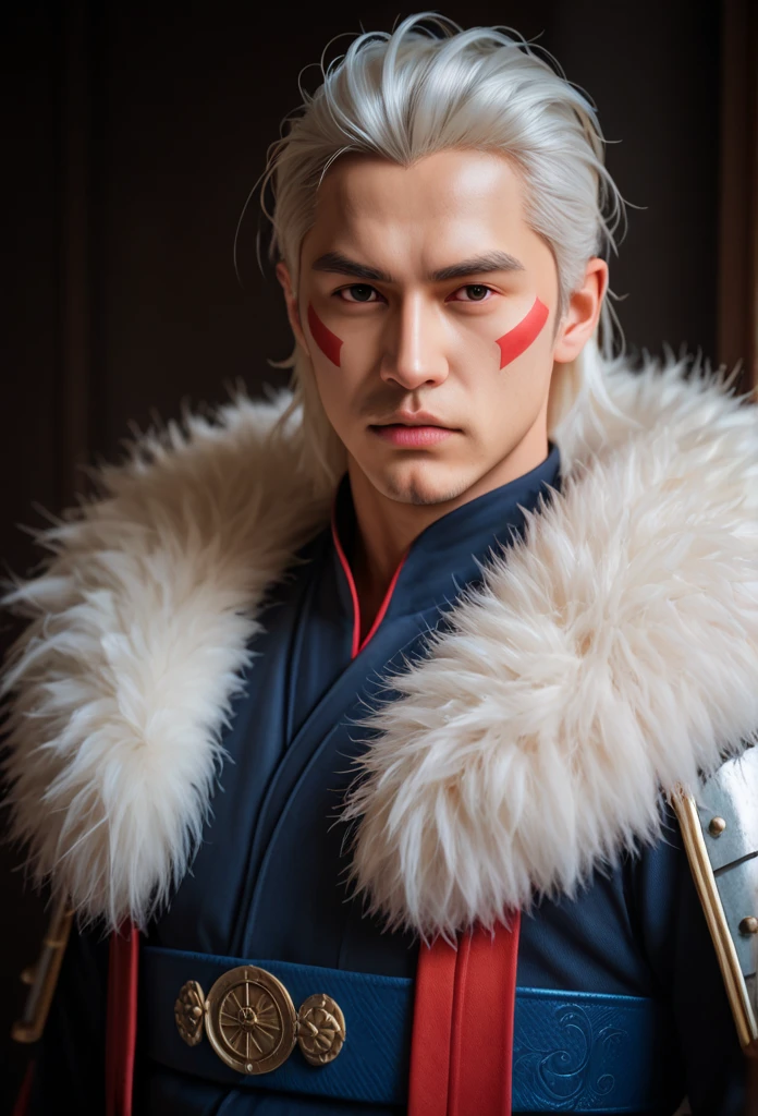 (masterpiece), (best quality), 1boy, tbrm_nrt, white hair, forehead protector, fur trim, japanese armor, portrait, red facial mark, masterpiece, best quality, absurdres, highly detailed, raytracing, masterwork, masterful composition, dynamic movement