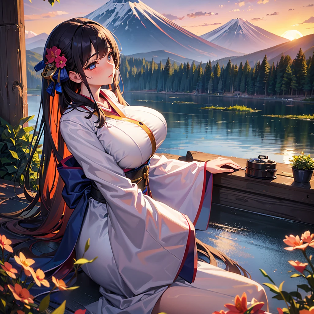 best quality, masterpiece, extremely detailed, detailed background, detailed eyes, Japanese cartoons, 1 Girl, beautiful eyes, Young Girls, Long hair girl, Expressive face, kimono, vintage, 富士山 wind景, outdoor, Sunset, beauty的天空, Picnic by the lake, landscape, wind景, horizon, Mountain next to mountain, wind, petal, spring, Look away, Atmospheric lighting, reflection, naturalistic, detail, realism. relaxation, beauty, Focus only, close up, from the side, Depth of Field, Bokeh